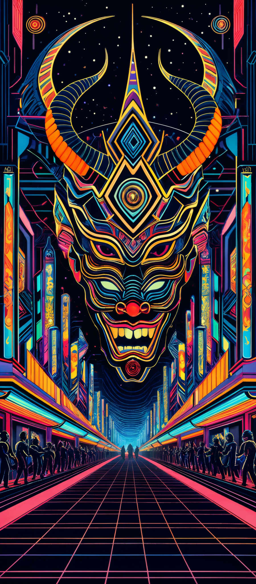 The image is vibrant with a mix of neon colors. Dominant colors include shades of blue, pink, and orange. The central figure is a large, intricate mask with symmetrical patterns, featuring a prominent third eye in the center. The mask has ornate designs, including curved horns and a wide grin. Surrounding the mask are tall buildings with neon signs displaying various symbols and designs. The streets below are lined with silhouettes of people, possibly indicating a bustling urban setting. The sky is dark, suggesting it might be nighttime, and there are small celestial bodies or stars scattered throughout.