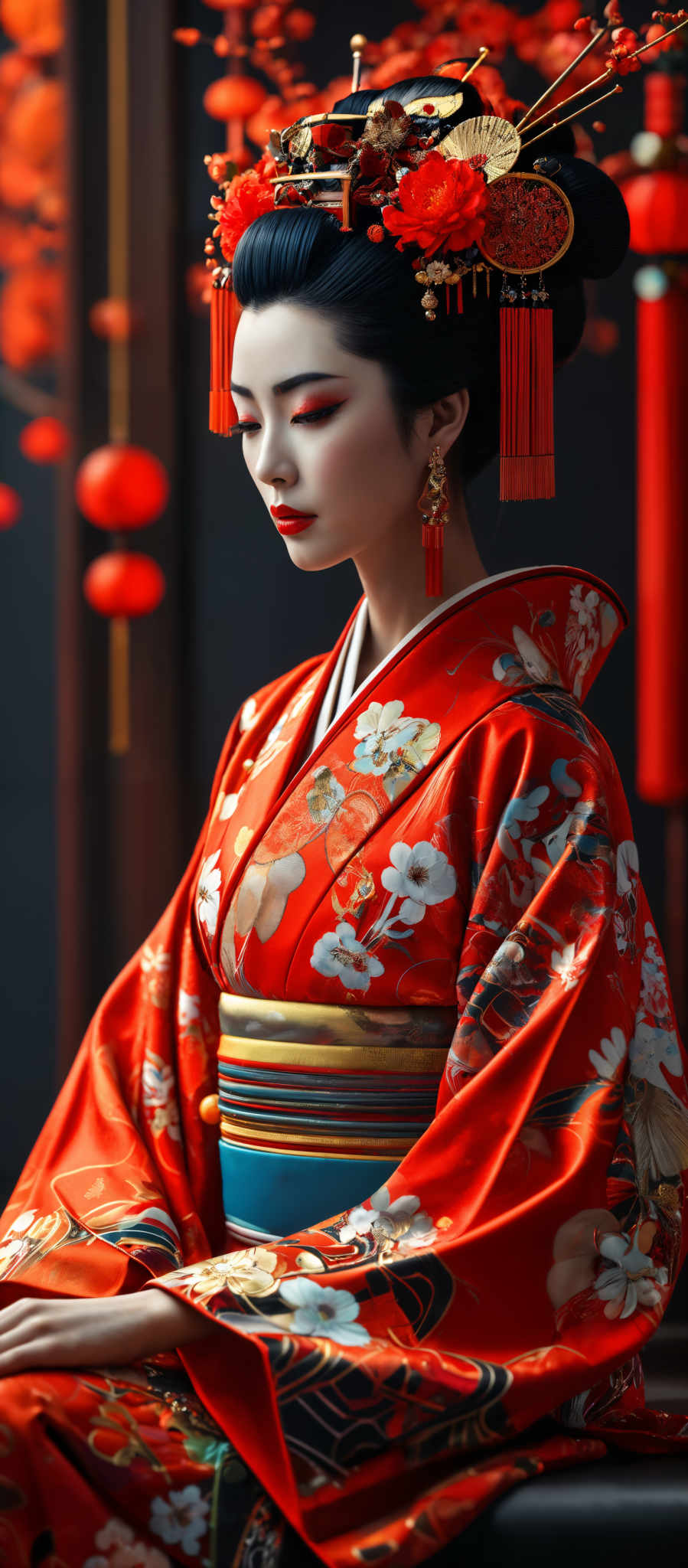 The image showcases a woman adorned in a vibrant red kimono with intricate floral patterns. The kimoto is complemented by a wide, colorful obi belt with stripes of gold, teal, and white. The woman's hair is neatly styled in an updo, and she wears a traditional Japanese headpiece adorn with red flowers, golden ornaments, and tassels. Her makeup is bold, with striking red eyeshadow and red lipstick. The background is dark, which accentuates the vivid colors of the woman' s attire and accessories.