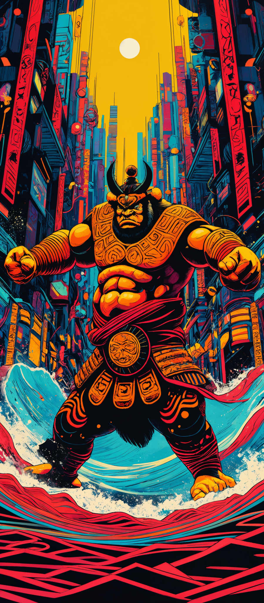 The image showcases a vibrant and colorful cityscape with tall buildings, each adorned with various symbols and designs. The dominant colors are red, yellow, and blue, creating a warm and energetic atmosphere. In the foreground, there's a large, muscular figure with traditional Asian attire, including a helmet with horns, and intricate tattoos or designs on his body. He appears to be standing on a platform or bridge, with water flowing beneath him. The overall composition gives a sense of a bustling, ancient city with a touch of fantasy.