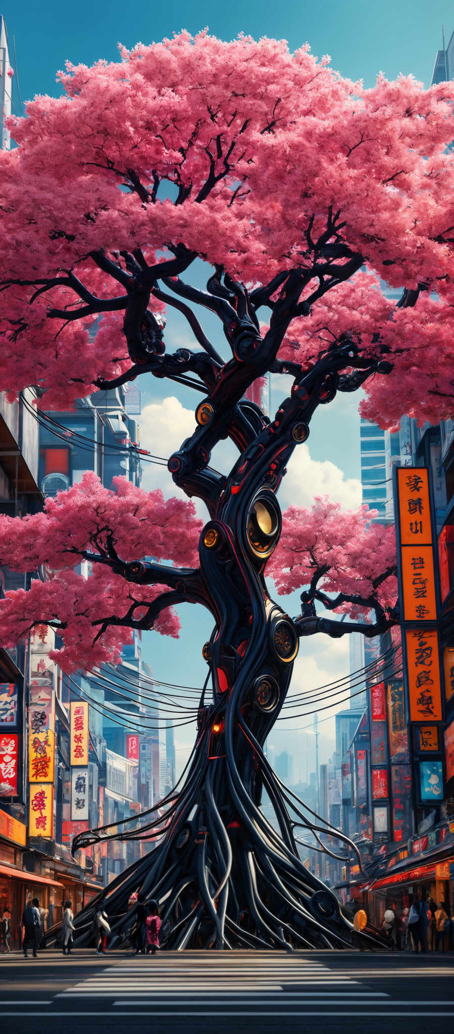 The image showcases a vibrant urban setting with a prominent tree in the center. The tree has a unique, almost mechanical design with intricate details and glowing elements. Its leaves are a striking shade of pink, reminiscent of cherry blossoms. Surrounding the tree are tall buildings with various signs in different languages, suggesting a bustling city. The sky is clear with a hint of blue, and the overall atmosphere is busting with activity.