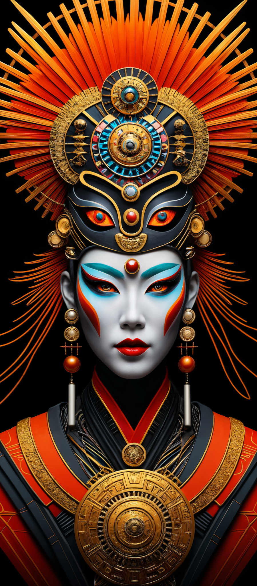 The image showcases a detailed and intricate digital artwork of a female figure adorned with ornate headdresses and jewelry. The headdress is characterized by a vibrant, sun-like structure with radiating orange and red hues. The figure's face is painted with bold blue and red accents, and her eyes are accentuated with golden and blue eyeshadow. She wears gold earrings, necklaces, and a choker. The overall color palette is dominated by deep reds, golds, and blues, creating a regal and mystical aura.