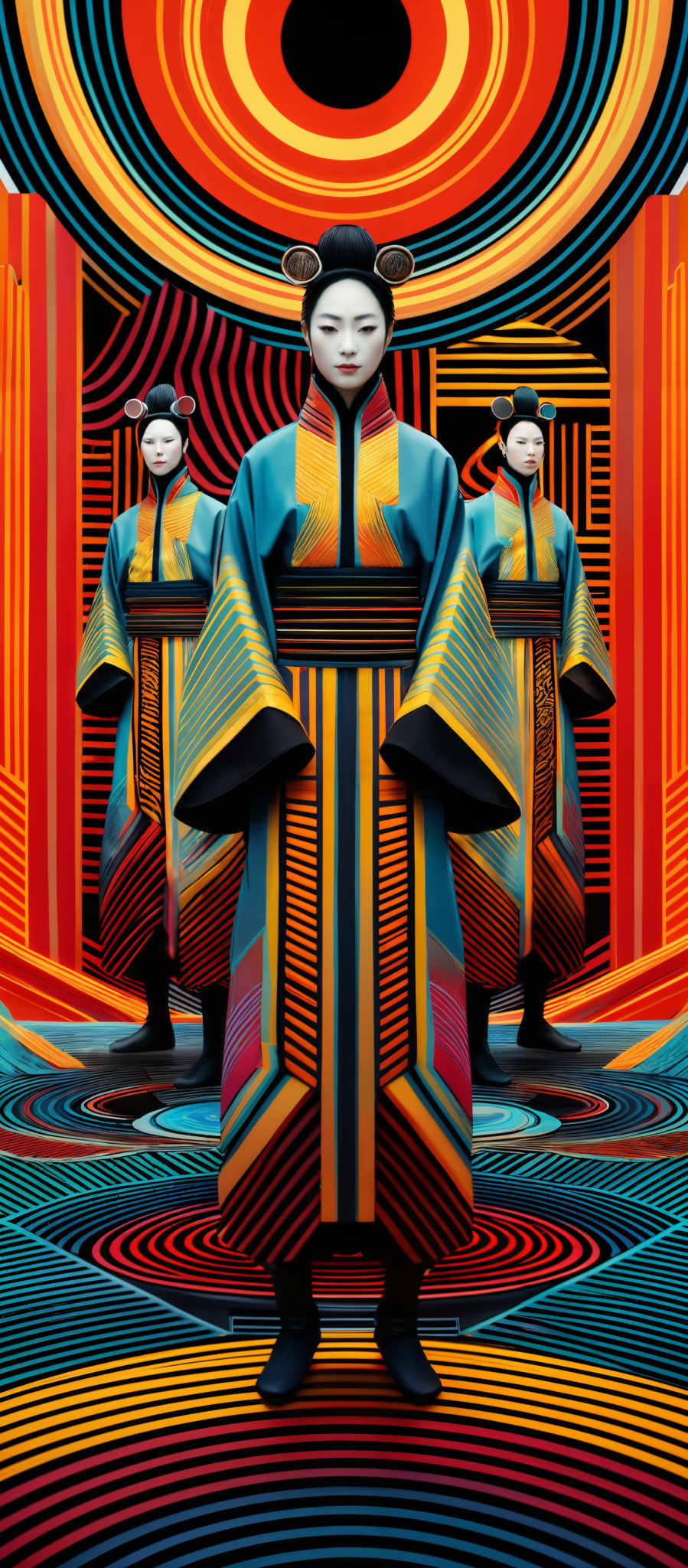 The image showcases three figures, presumably women, dressed in vibrant, patterned robes. The robes are predominantly in shades of blue, orange, and red, with intricate geometric patterns. The background features a mesmerizing pattern of concentric circles in vivid colors like red, orange and blue. The figures have unique headgear, and their facial expressions are calm and poised.