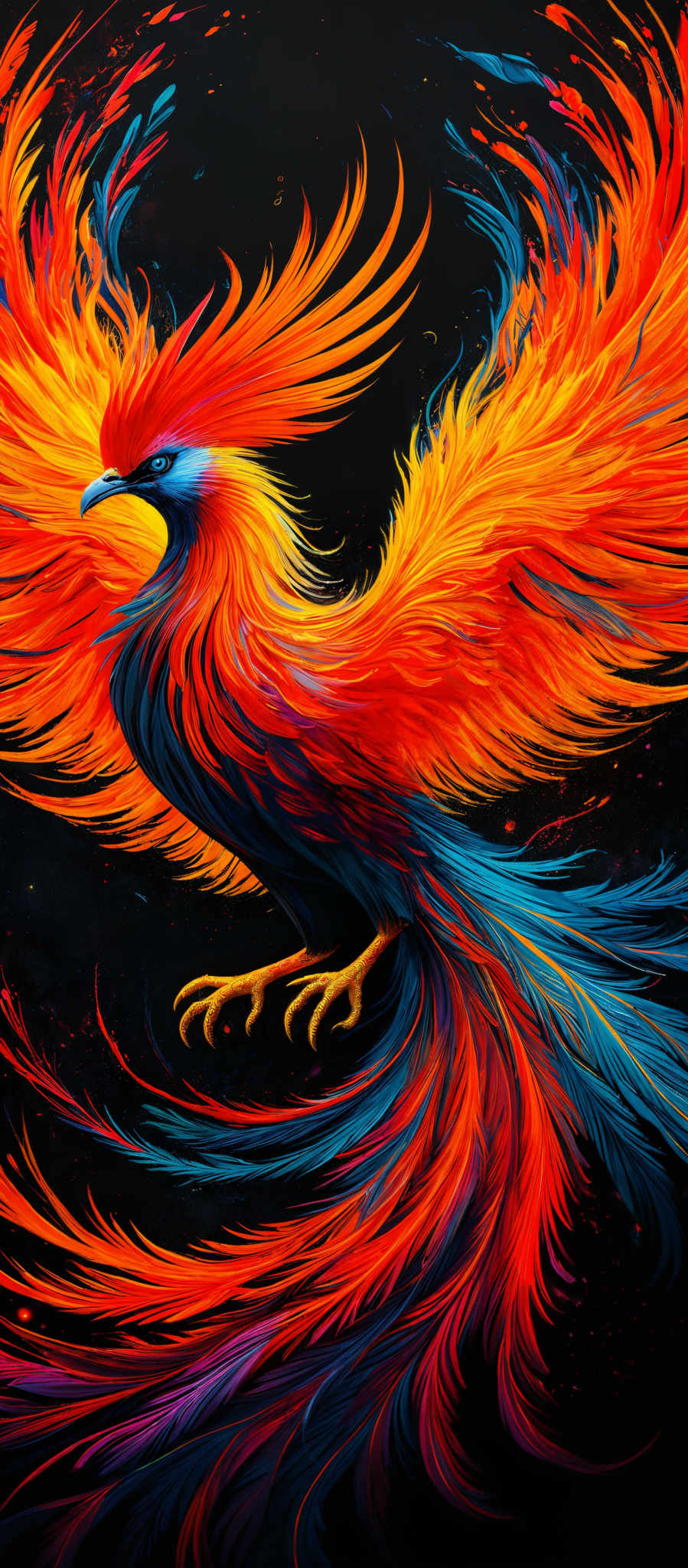 The image showcases a vibrant and colorful depiction of a bird, which appears to be a phoenix. The bird is in a dynamic pose, with its wings spread wide, showcasing a myriad of colors including fiery reds, oranges, and yellows, contrasted with cooler blues and purples. The feathers are intricately detailed, with each strand exhibiting a unique color gradient. The background is dark, which accentuates the bird's vibrance and makes it the focal point of the image, giving the impression of the bird emerging from the darkness.