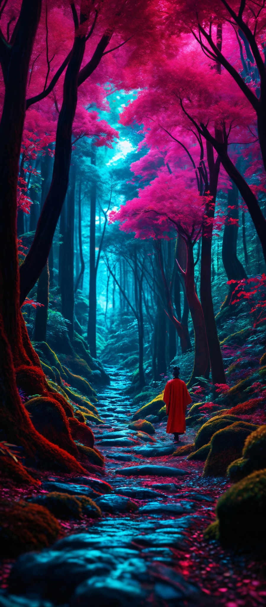 The image showcases a vibrant forest with trees that have large, twisted trunks and are covered in a dense canopy of pinkish-red leaves. The ground is covered with moss-covered rocks and stones, leading to a winding path. The path is illuminated by a soft blue light, creating a serene and mystical ambiance. On the path, there's a person wearing a bright orange robe, walking away from the viewer, adding a sense of depth and scale to the scene.