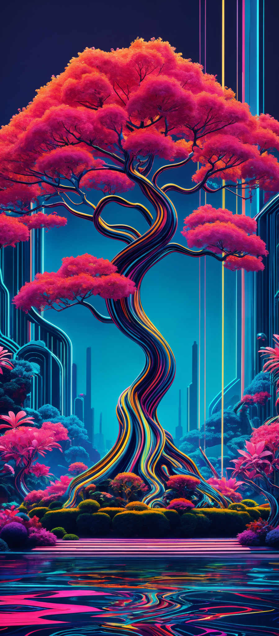 The image showcases a vibrant and colorful depiction of a tree with a unique twisted and curved trunk. The tree's canopy is a vivid shade of pink, and its leaves are a mix of pinks, oranges, and yellows. The trunk of the tree is intricately designed with multi-colored stripes that transition from pink to blue, yellow, and green. The background features tall, futuristic buildings with neon blue and yellow lines. The entire scene is set against a dark blue sky, and the ground is reflective, with the tree' tabletop appearing to be made of a shiny, possibly metallic surface.