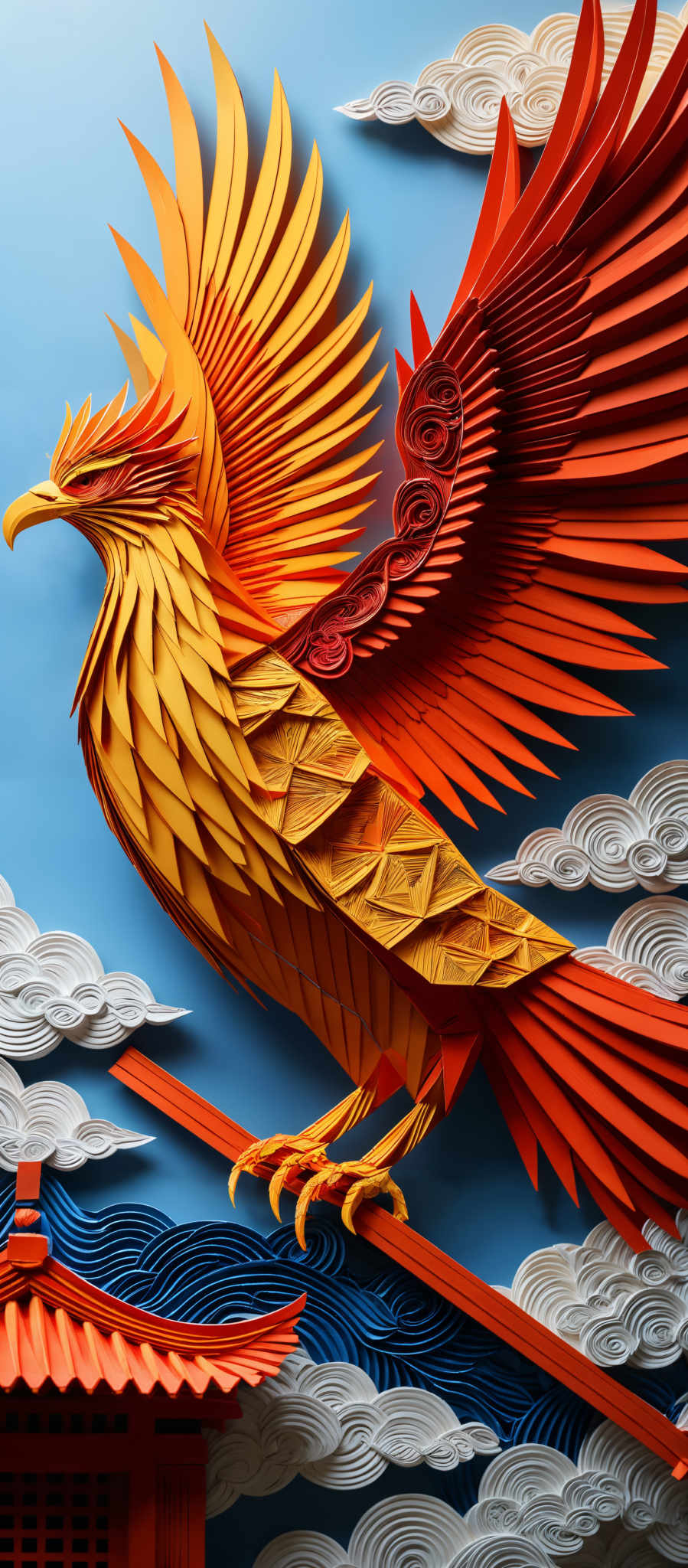 The image showcases a vibrant and intricately designed artwork of a bird, possibly a phoenix or eagle, in mid-flight. The bird is predominantly colored in shades of orange and yellow, with detailed feather patterns. Its wings are spread wide, showcasing layered feathers in gradient colors. The background is a serene blue with white, curved cloud patterns. At the bottom of the image, there's a structure resembling a traditional Asian pagoda or temple, painted in red and blue with ornate details.