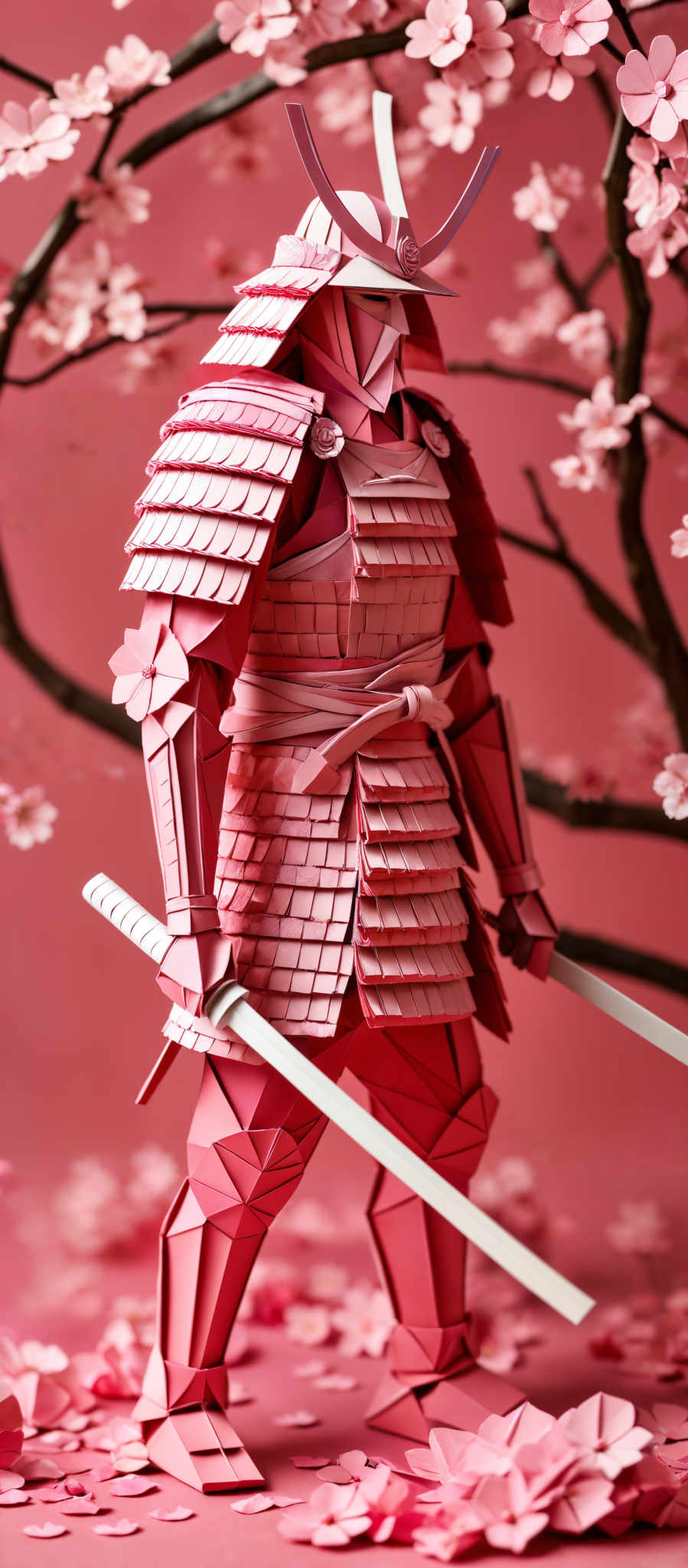 The image showcases a meticulously crafted paper art representation of a samurai. The samurAI is adorned in traditional armor, complete with layered plates on the chest, arms, and legs. The helmet features a distinctive design with two curved horns protruding upwards. The background is a vibrant shade of pink, and it is decorated with cherry blossom petals, creating an ambiance of spring. The overall composition is both intricate and visually captivating.