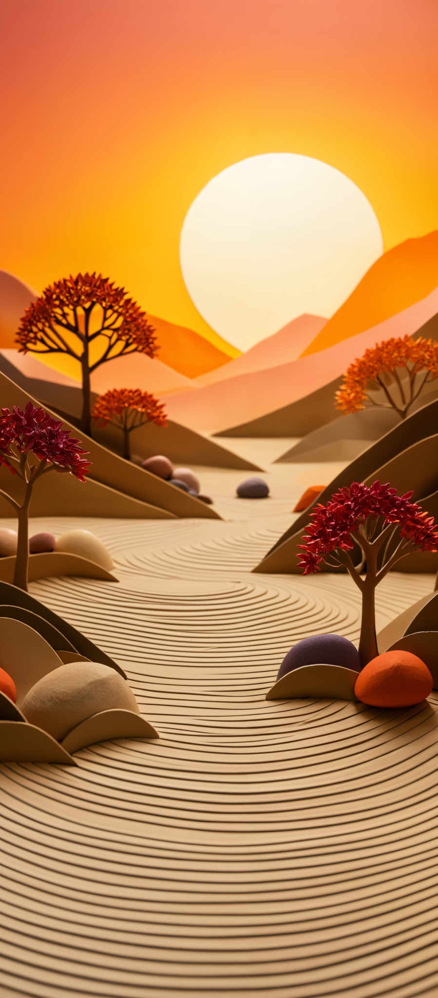 The image showcases a serene landscape during sunset. The sky is painted in hues of orange and yellow, with the sun appearing as a large, glowing orb. In the foreground, there are undulating sand dunes with a series of ridges and troughs. On these dunes, there's a collection of rounded stones in varying colors like beige, orange, and purple. There are also two trees with vibrant red-orange blossoms, standing tall against the backdrop of the setting sun. The overall ambiance of the image is tranquil and picturesque.