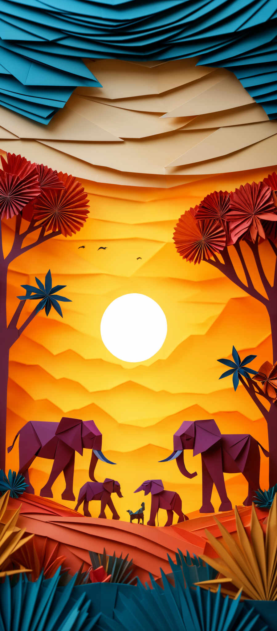 The image showcases a vibrant and colorful depiction of a sunset or sunrise scene. The sky is painted in shades of orange, yellow, and blue, with the sun appearing as a bright white circle. Below the sky, there are silhouettes of trees with red and blue foliage. The ground is adorned with colorful, layered patterns, resembling waves or undulating landscapes. In the foreground, there's a family of elephants - two adults and two younger ones, walking across the landscape. The elephant figures are crafted in a paper-like, origami style, with intricate details and shading. The overall ambiance of the image is serene, with a touch of artistic flair.