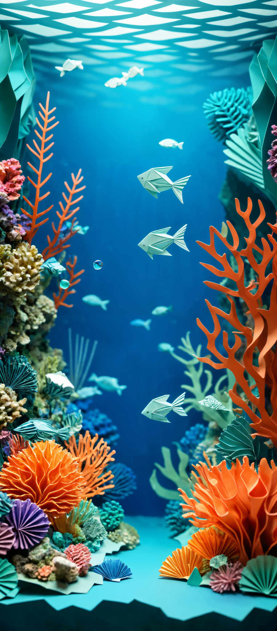 The image showcases a vibrant underwater scene. The dominant colors are various shades of blue, representing the water, and a mix of oranges, reds, and greens for the coral reefs. The coral structures are intricate, with some resembling branching trees and others taking the form of mushroom-like shapes. There are also fish, which are crafted in a paper-like material, swimming around the corals. The entire scene is set against a backdrop of wavy patterns, possibly representing water ripples or waves.