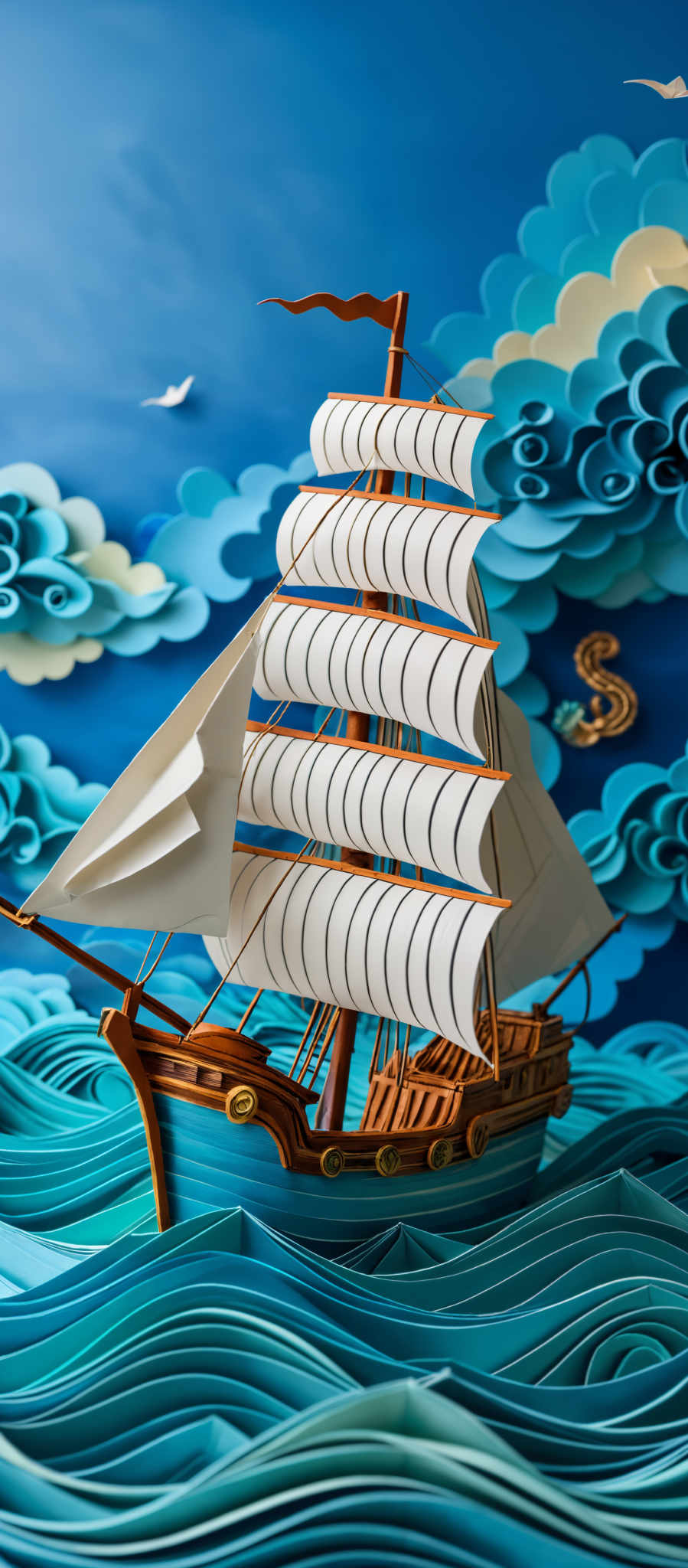 The image showcases a beautifully crafted scene of a sailing ship amidst a vast sea. The ship has multiple masts with white sails, and its wooden body is detailed with ornate designs. The sea is depicted in layers of blue, with waves that have a unique, wavy texture. Above the sea, there are intricately designed clouds in shades of blue and white, with birds soaring in the sky. The overall color palette is dominated by various shades and tints of blue.