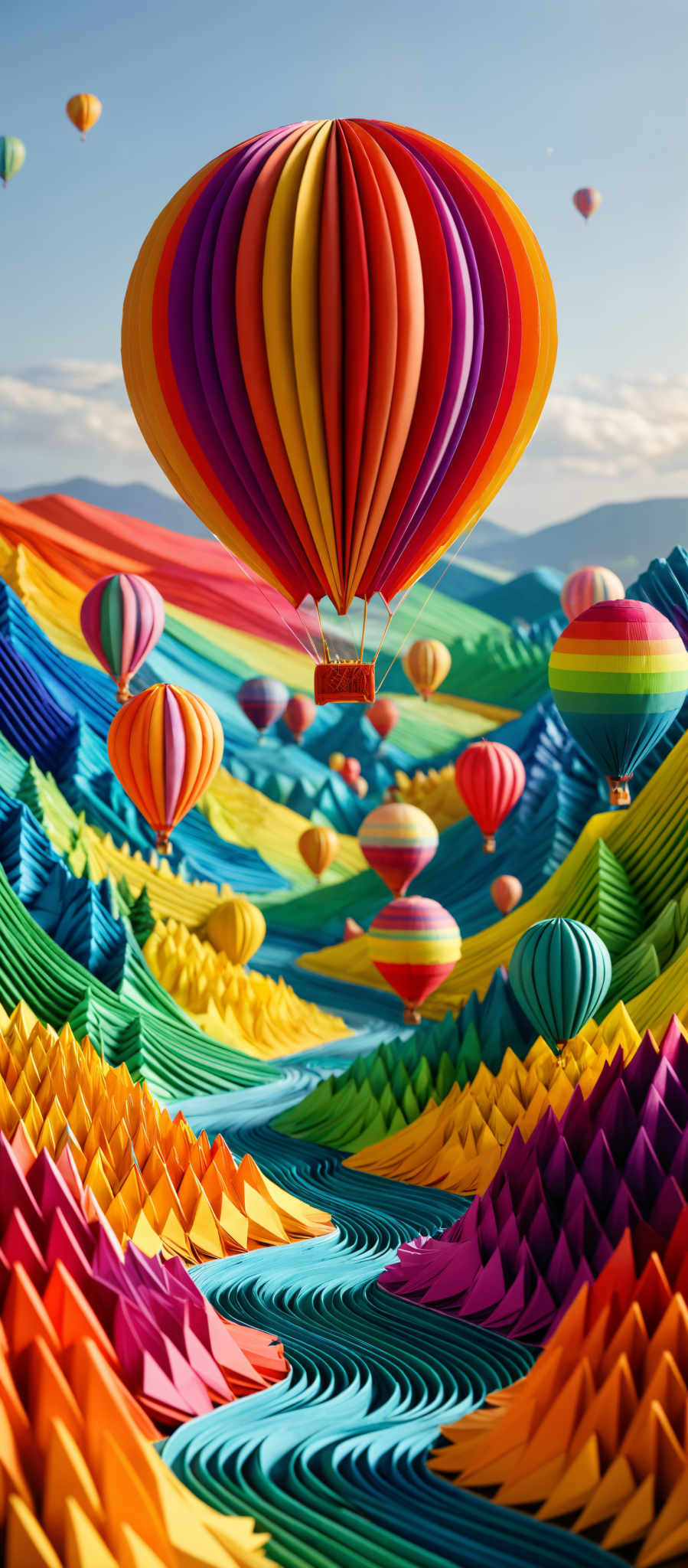 The image showcases a vibrant and colorful landscape with rolling hills and winding rivers. The hills are made up of layered, undulating structures in various shades of blue, green, yellow, and red. These structures give the impression of a textured, fabric-like surface. Floating above this vivid terrain are multiple hot air balloons in various colors, including red, blue, yellow and green. The sky is clear with a few more balloon in the distance. The overall ambiance of the image is cheerful and whimsical.