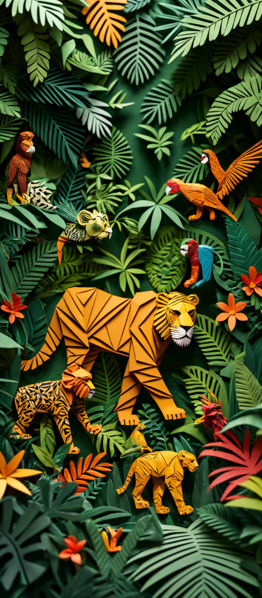 The image showcases a vibrant and colorful jungle scene. The dominant colors are various shades of green, representing the dense foliage, and bright hues of orange, yellow, and red, representing tropical flowers. The scene is filled with intricately crafted paper animals, including a tiger, a parrot, a monkey, and a few others. These animals are set against a backdrop of detailed and realistic-looking foliages, giving the impression of a lush, dense junglescape.