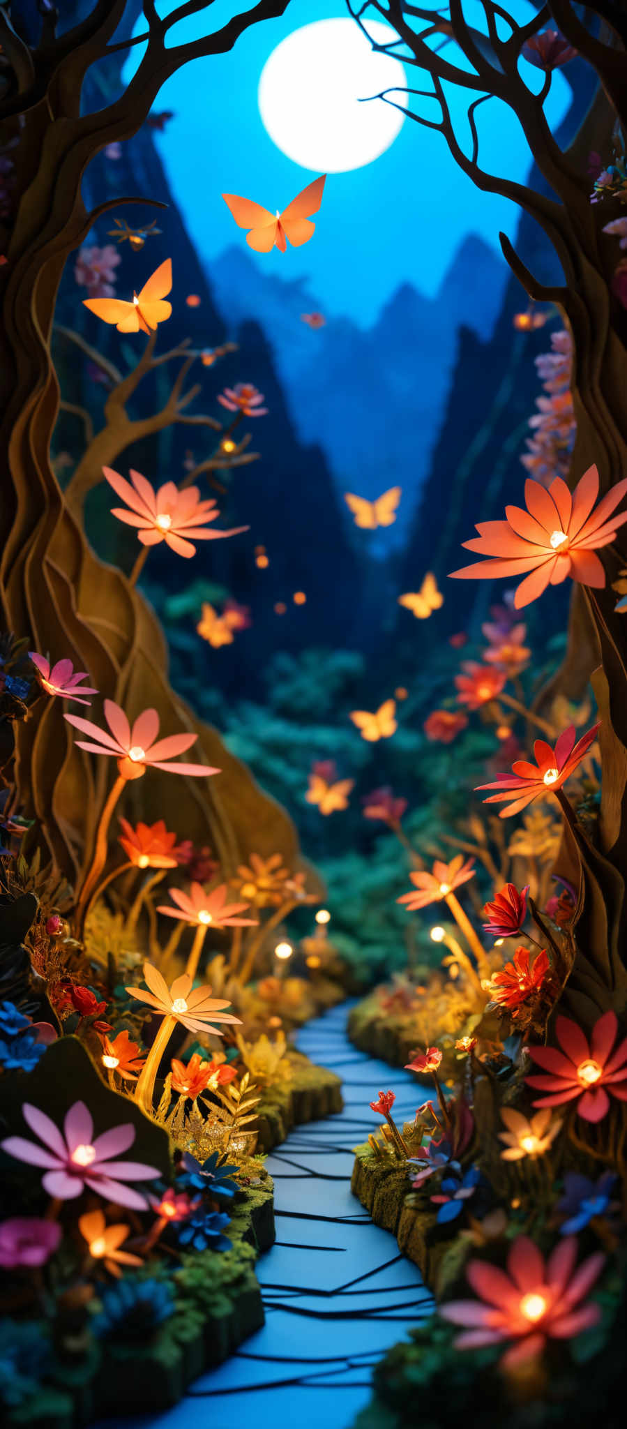 The image showcases a vibrant and whimsical scene. The dominant colors are shades of blue, orange, and green. The scene is framed by twisted, gnarled trees with branches that arch over a pathway. This pathway is lined with glowing flowers and butterflies that illuminate the surroundings. The background reveals a serene night sky with a bright moon, and beyond it, a silhouette of a mountain range. The entire scene exudes a magical and enchanting ambiance.