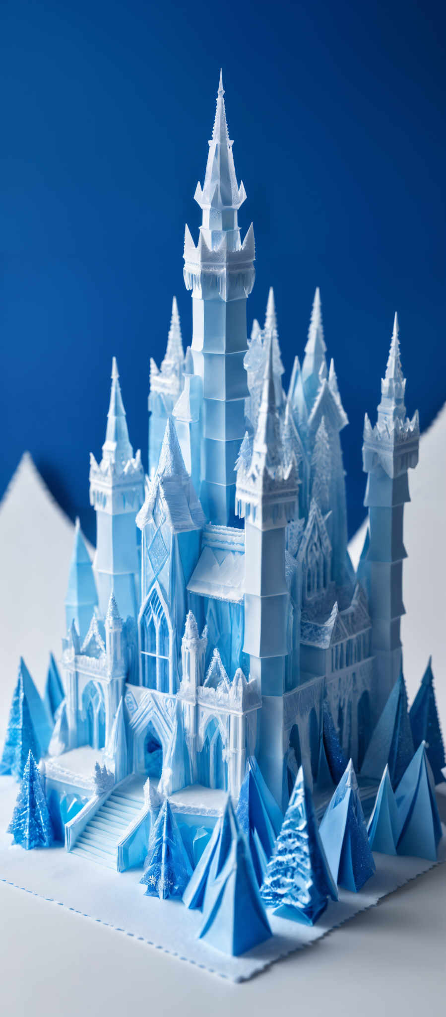 The image showcases a meticulously crafted paper castle, predominantly in shades of white and blue. The castle is intricately designed with multiple towers, spires, and ornate details. The blue background contrasts beautifully with the white castle, giving it a frosty appearance. The base of the castle is surrounded by miniature blue paper trees, adding to the wintry theme.