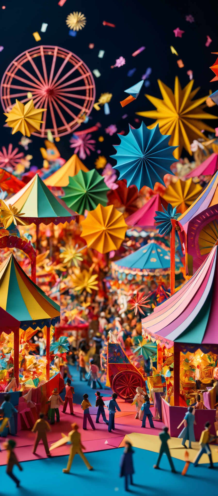 The image showcases a vibrant and colorful scene, possibly a carnival or fair. There are various geometric and star-shaped decorations in hues of blue, yellow, pink, and orange. These decorations are suspended in the air, creating a festive atmosphere. Below, there are stalls with striped canopies in shades of red, blue, and green. These stalls seem to be selling various items, with some displaying food and others having goods for sale. There's also a cart with a wheel, and miniature figures of people are scattered around, seemingly enjoying the carnivals. The entire scene is set against a dark background, making the colors pop even more.