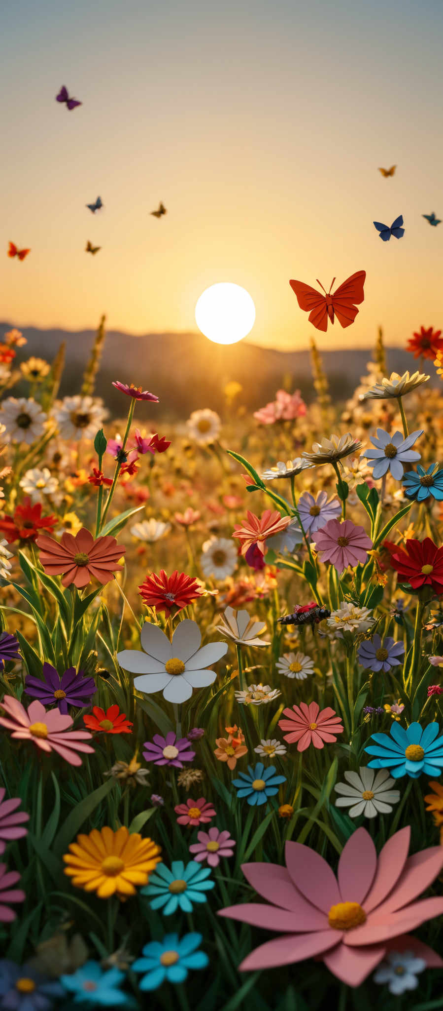 The image showcases a vibrant and colorful meadow at sunset. The sky is painted with hues of orange and yellow, with the sun setting in the center. The meadow is teeming with a variety of flowers in different shapes and colors, such as red, blue, yellow, and pink. There are butterflies fluttering around, adding to the lively atmosphere. The overall scene exudes warmth, beauty, and the serenity of nature.