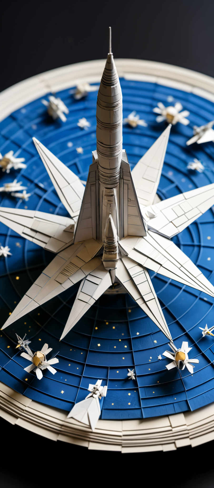 The image showcases a three-dimensional artwork or model. The dominant color is a deep blue, representing a circular platform. On this platform, there are white star-shaped structures with intricate details, resembling a constellation or a celestial map. At the center of these stars, there's a tall, cylindrical structure that appears to be a rocket or spacecraft. The entire setup gives an impression of a space-themed decoration or centerpiece.