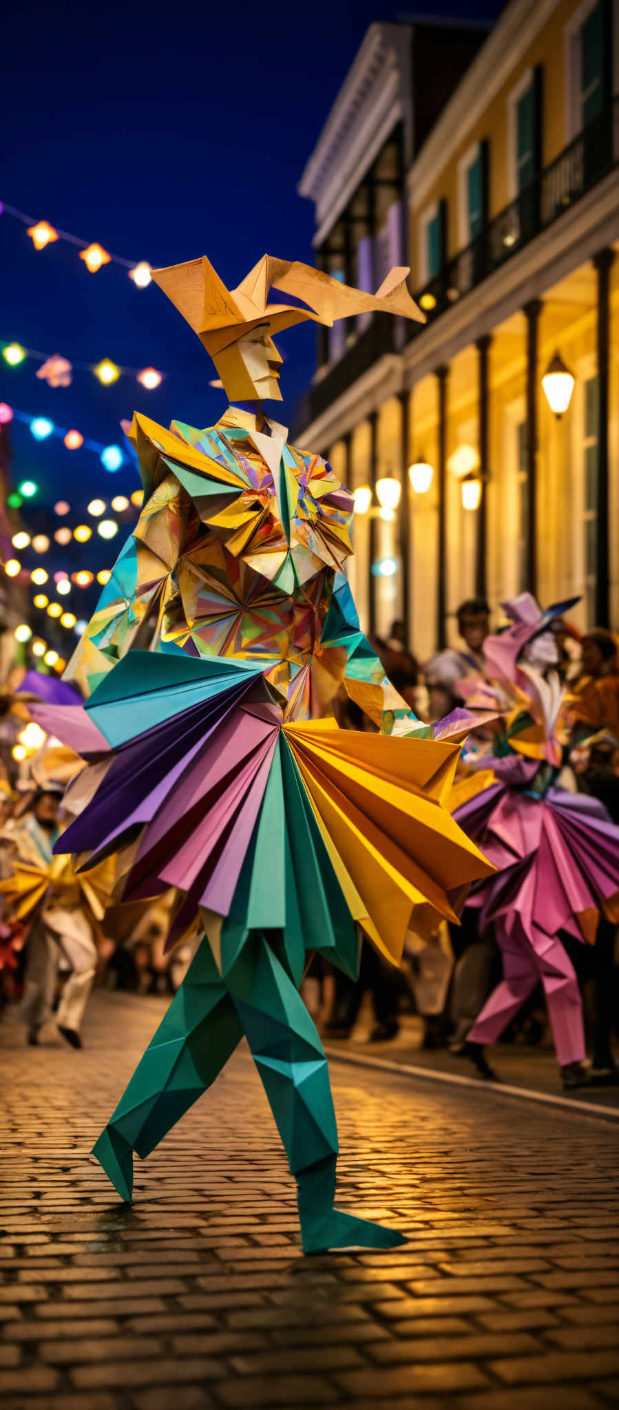 The image showcases a vibrant and colorful scene. The primary focus is on a figure wearing a unique costume made of folded paper or fabric. The costume is multi-colored, with hues of blue, yellow, pink, and green. The figure's head is adorned with a large, angular hat that seems to be made of the same material. The attire is structured in a way that it resembles a fan or a skirt, with sharp edges and a plethora of colors. The background reveals a street setting during the evening, with colorful lights hanging overhead and a crowd of people gathered, suggesting a festive or celebratory event.