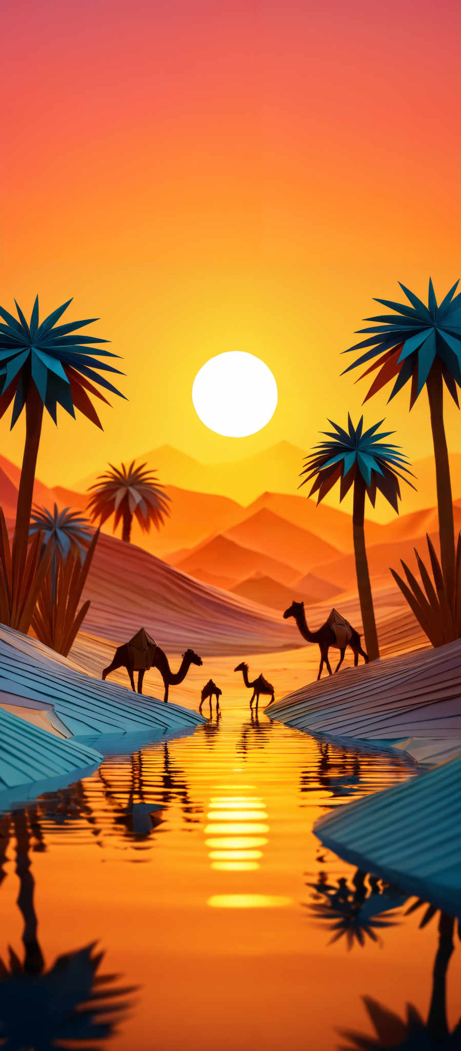 The image showcases a vibrant sunset with hues of orange, pink, and purple. The sun is depicted as a large, round, glowing orb, casting a warm glow over the scene. In the foreground, there are two palm trees with unique, star-like leaves. The landscape consists of undulating sand dunes, and there are three camels walking across the dunes. The dunes are reflected in a serene body of water below, creating a mirror image. The background features distant mountains, and the sky transitions from a deep purple at the top to a warm orange near the horizon.