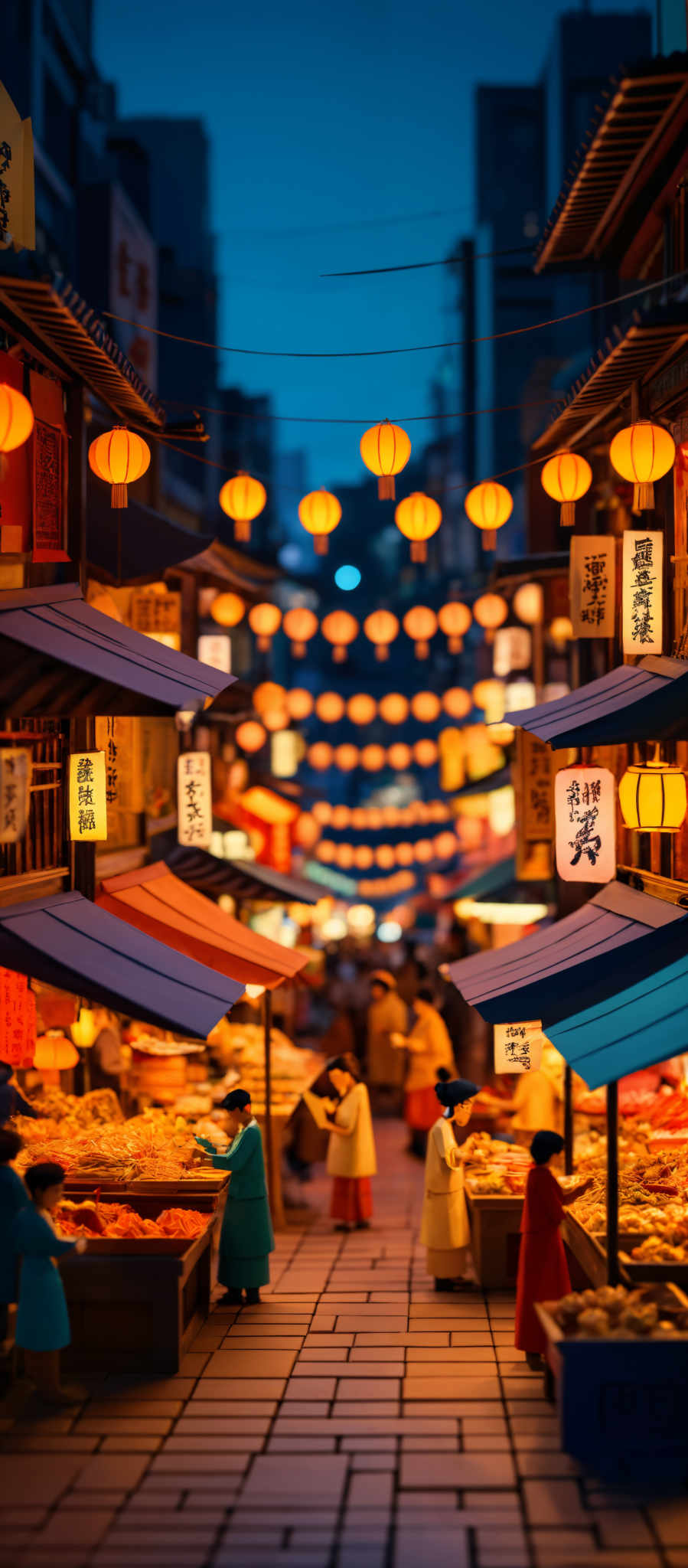 The image showcases a vibrant and bustling marketplace during the evening. The dominant colors are warm hues of orange, red, and yellow, emanating from the lanterns and the illuminated stalls. The market is adorned with traditional Asian lantern-shaped lights hanging overhead, casting a soft glow. The buildings have intricate designs and are adorn with signboards displaying Asian characters. The ground is paved with stone tiles, and there are various stalls displaying a variety of goods, including fruits and vegetables. Miniature figures, possibly representing market vendors or customers, are scattered throughout the scene, engaging in various activities.