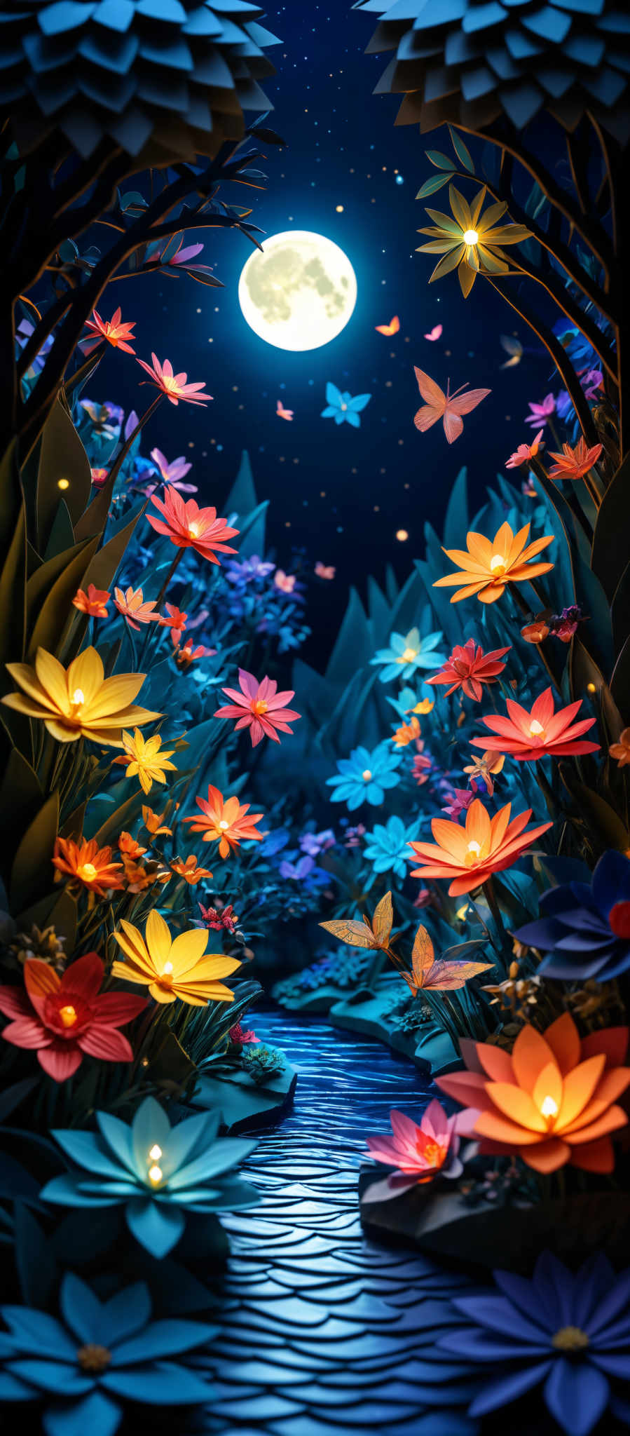 The image showcases a vibrant and mesmerizing night scene. Dominated by deep blues and purples, the sky is adorned with a bright full moon, surrounded by a sprinkling of stars. The moonlight illuminates a landscape of colorful flowers, with shades of red, yellow, blue, and purple. These flowers are intricately detailed, with petals that seem to glow, reflecting the moonlight. The scene is further enhanced by the presence of butterflies, some of which are illuminated, adding to the magical ambiance. A serene river or stream flows through the center, reflective of the surrounding beauty. The entire scene is framed by what appears to be the arches of a grand entrance or gateway, made of layered, folded paper or a similar material.