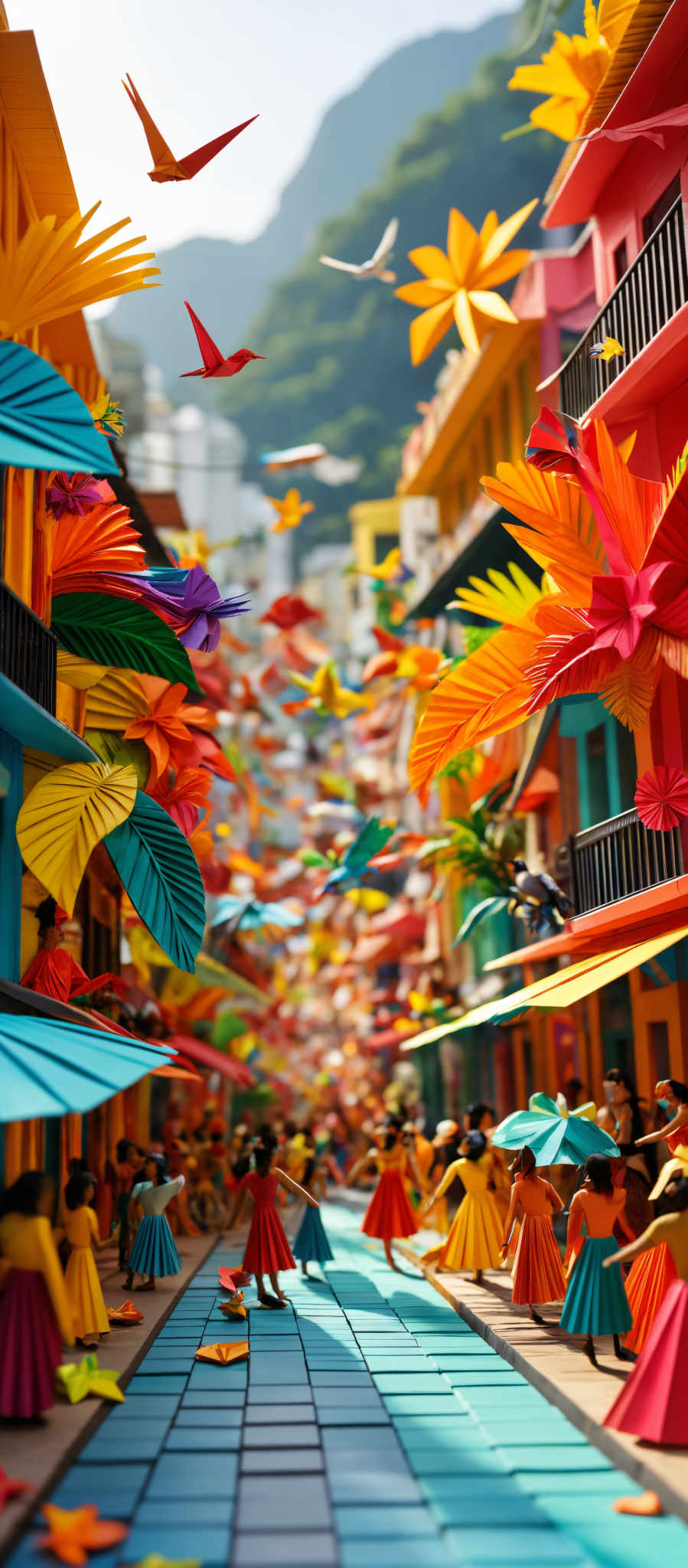 The image showcases a vibrant and colorful scene, possibly a street or marketplace. The buildings are adorned with large, colorful paper flowers in shades of red, orange, yellow, green, and blue. These flowers seem to be floating or attached to the buildings, creating an overwhelming sense of color and movement. In the foreground, there are miniature figures, possibly representing people, dressed in brightly colored clothing. They seem to engage in various activities, such as walking, conversing, and carrying objects. The ground is made up of blue tiles, and there are also paper birds flying around, adding to the whimsical atmosphere.