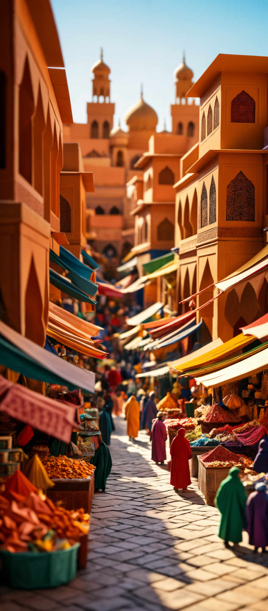 The image showcases a vibrant marketplace bathed in sunlight. The buildings are adorned with intricate designs and have a warm, terracotta hue. They feature arches, balconies, and decorative windows. The market stalls are colorful, with a variety of goods displayed, including fruits, spices, and textiles. There are people walking around, some of whom are wearing traditional robes in shades of red, blue, and green. The overall atmosphere is bustling and lively, reminiscent of a typical day in a historic marketplace.