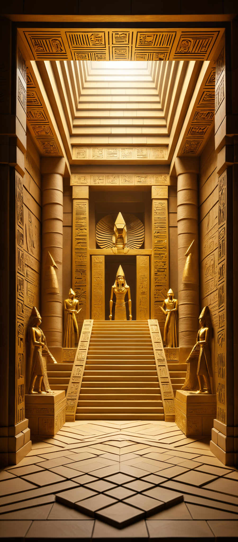 The image predominantly features warm, golden hues. The architecture is intricately designed with columns, walls, and ceilings adorned with hieroglyphics and carvings. At the center, there's a staircase leading up to a platform where a statue of a figure with a pyramid-like head is placed. On either side of the staircases, there are statues of humanoid figures holding objects. The floor is made of geometric tiles, and the overall ambiance evokes a sense of ancient Egyptian grandeur.