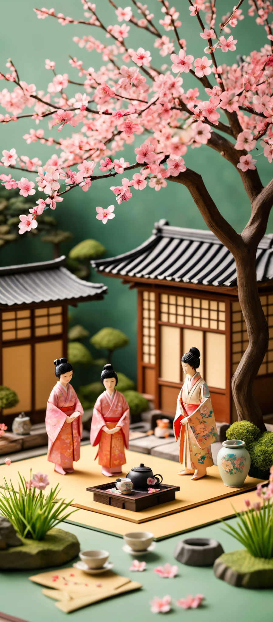 The image showcases a traditional Japanese setting with a backdrop of a serene green landscape. Dominating the scene is a beautiful cherry blossom tree with pink blossoms. Below the tree, there are three figures dressed in traditional Japanese kimonos, each holding a tray. The figures are positioned on a tatami mat, surrounded by various traditional Japanese items such as a teapot, cups, a vase, and some scrolls. The overall color palette is soft and calming, with the pink of the cherry flowers contrasting beautifully against the muted greens and browns.