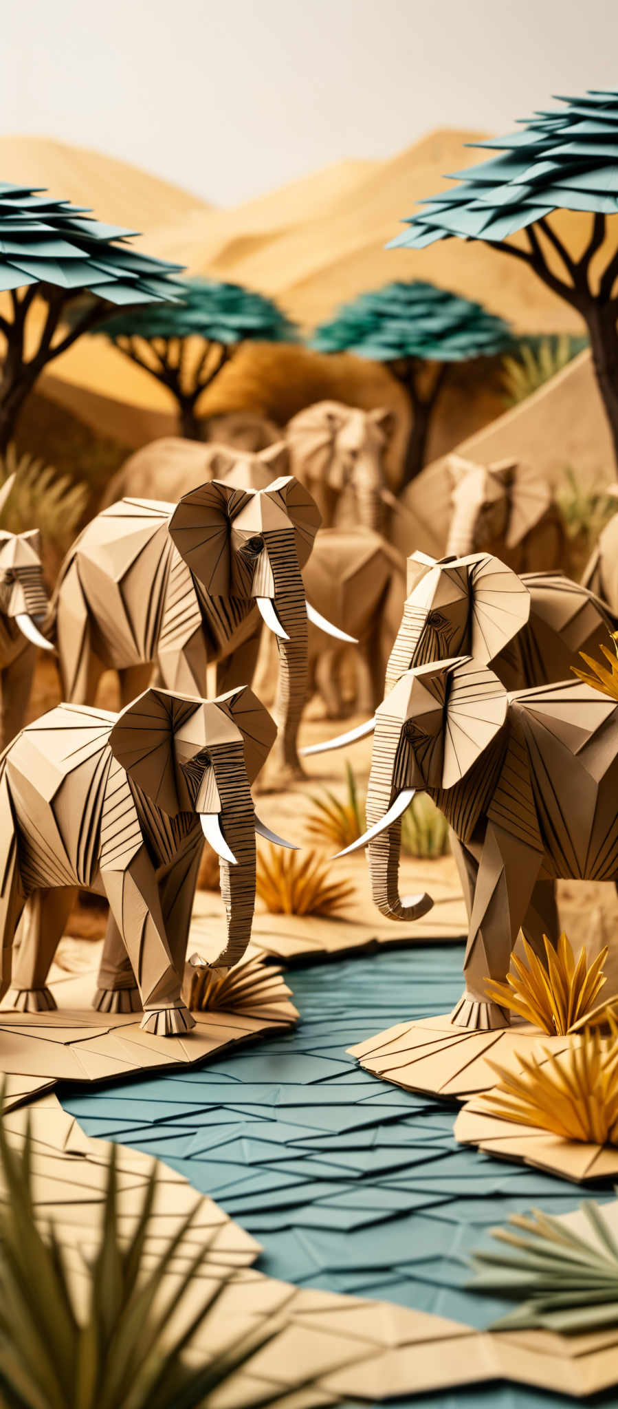 The image showcases a meticulously crafted scene with origami-style elephants in a desert landscape. The elephant figures are predominantly in shades of beige and brown, with intricate patterns and designs on their bodies. They are positioned near a water source, represented by blue and green tiles, surrounded by desert vegetation like palm trees and shrubs. The backdrop features sand dunes and a clear sky.