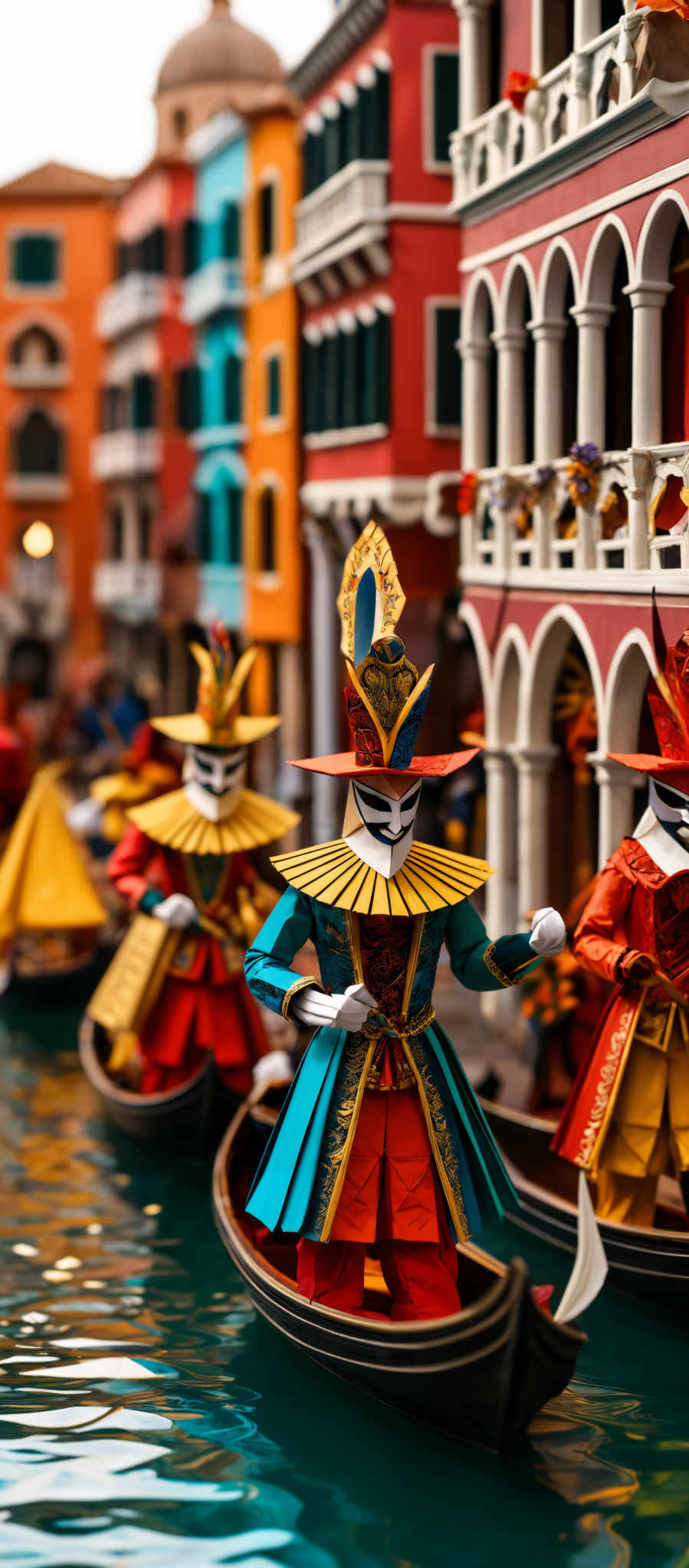 The image showcases a miniature representation of Venice, Italy. In the foreground, there are three figures dressed in vibrant and ornate costumes, reminiscent of the Venetian carnival. They are on gondolas, with one of them wearing a large, decorative hat. The buildings in the background are colorful, with various shades of red, blue, and orange. The architecture is typical of Venetians, with arches and balconies. The water reflects the buildings and the figures, adding depth to the scene.