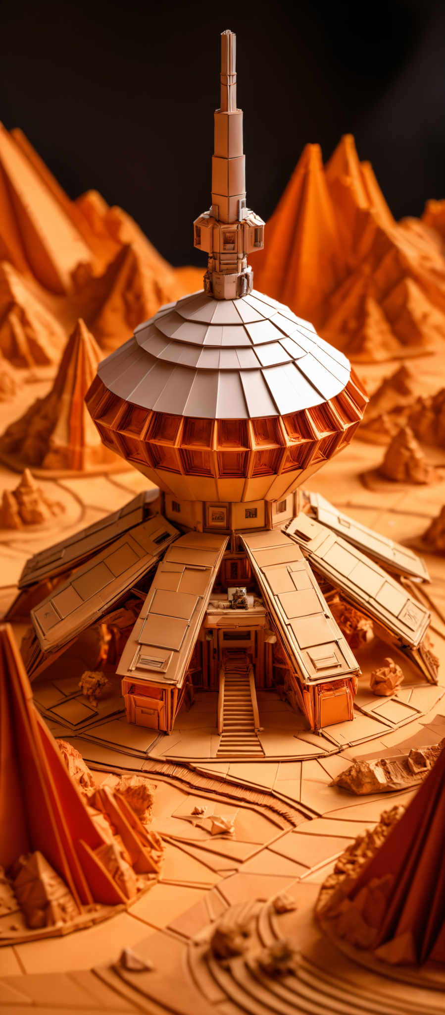 The image showcases a detailed crafted model of a futuristic or alien structure. The dominant color is a shade of orange, reminiscent of sand or desert terrain. The structure has a circular base with a spire on top, resembling a tower or antenna. The base is surrounded by multiple platforms or wings, each with a rectangular shape. The entire model is set against a backdrop of undulating orange mountains, giving the impression of a desert landscape.