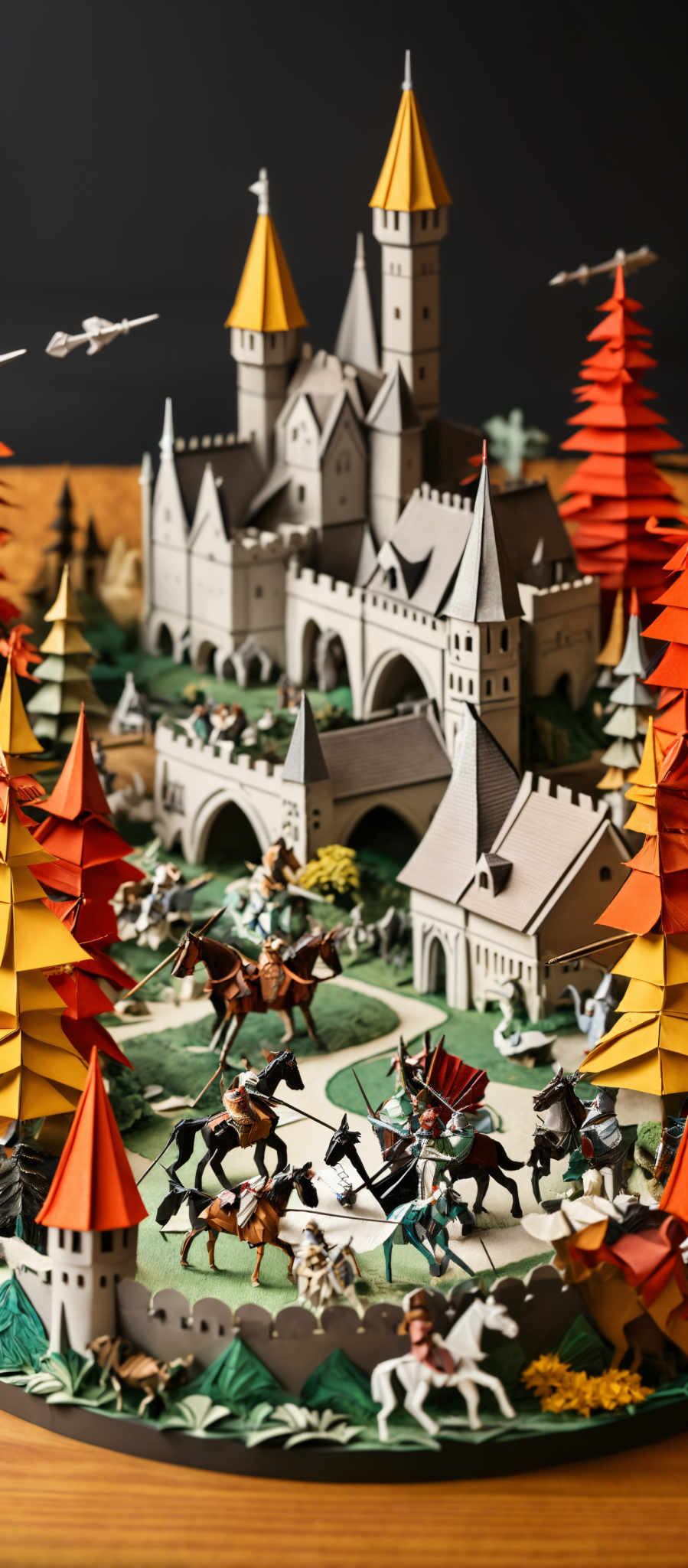 The image showcases a detailed and intricate diorama of a medieval castle surrounded by a landscape. The castle is gray with multiple towers, each having a distinct conical roof. The landscape is adorned with trees in shades of orange and yellow, suggesting a fall setting. There are miniature figures, possibly knights, mounted on horses, engaged in a battle or a parade. The entire scene is set against a dark background, emphasizing the vibrant colors of the landscape and the castle.