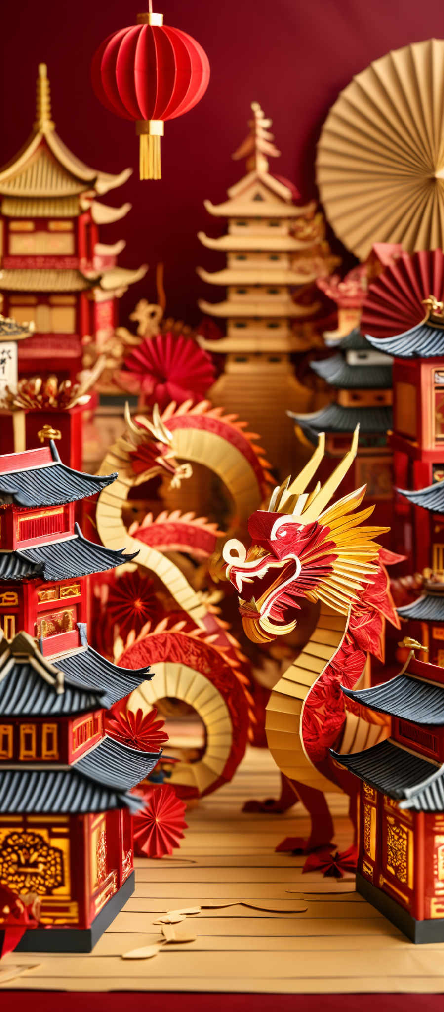 The image showcases a vibrant and intricate scene, predominantly in shades of red and gold. The central focus is a detailed, multi-layered dragon, with golden scales and fierce red eyes, coiled around traditional Chinese buildings. These buildings have ornate designs, with multi-tiered roofs, intricate carvings, and colorful details. There are also red lanterns hanging from the buildings, and a large, fan-like structure in the background. The overall ambiance is festive and celebratory, reminiscent of traditional Chinese festivals.