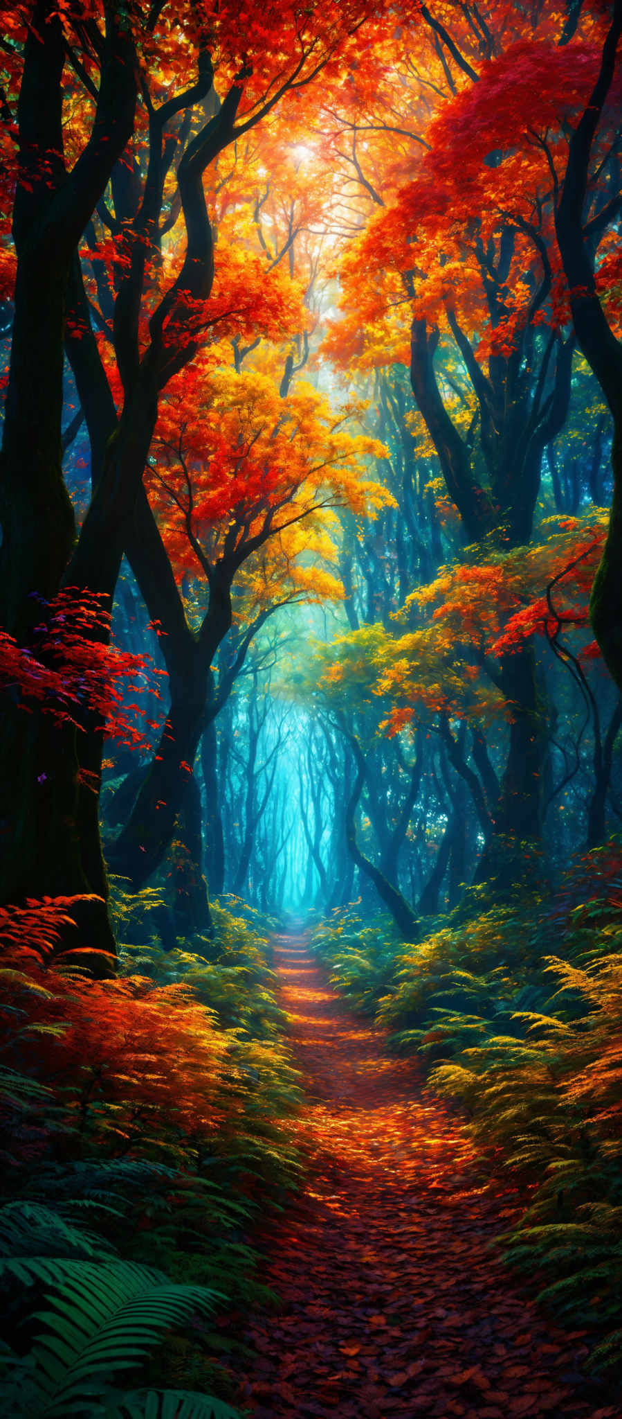 The image showcases a breathtaking forest during autumn. The dominant colors are vibrant shades of red, orange, and yellow, representing the autumn foliage. The trees have twisted and gnarled trunks, and their branches are adorned with leaves that have turned to these warm hues. The forest floor is covered with fallen leaves, creating a carpeted pathway. The pathway itself is slightly illuminated, suggesting a light source from behind the trees, possibly the sun. The overall ambiance is serene and mystical, with the play of light and shadow adding depth and dimension to the scene.