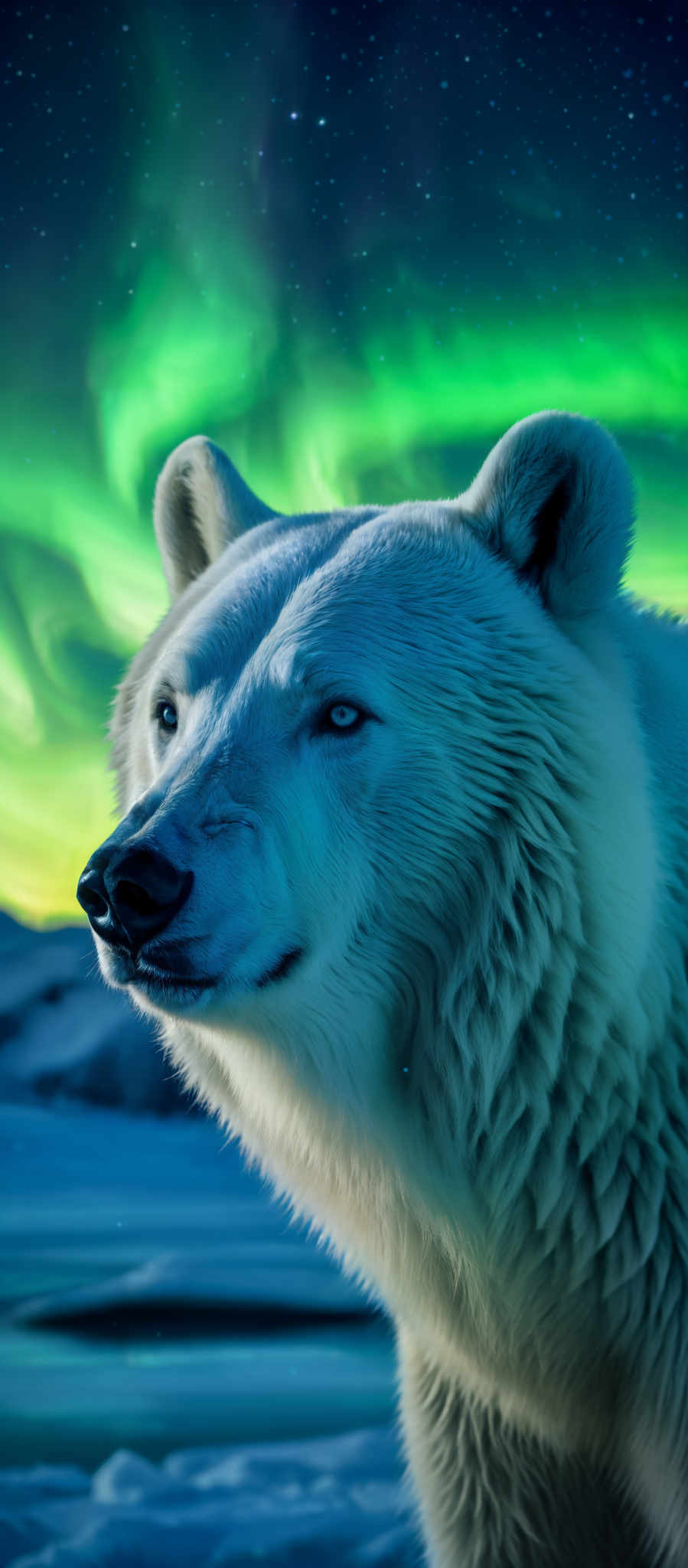 The image showcases a polar bear against a backdrop of the aurora borealis. The polar bear is predominantly white, with a sharp focus on its face, which displays intricate details of its fur, eyes, and snout. The aurora, on the other hand, is a mesmerizing display of green hues, swirling and dancing across the night sky. The stars are scattered throughout, adding to the ethereal beauty of the scene.