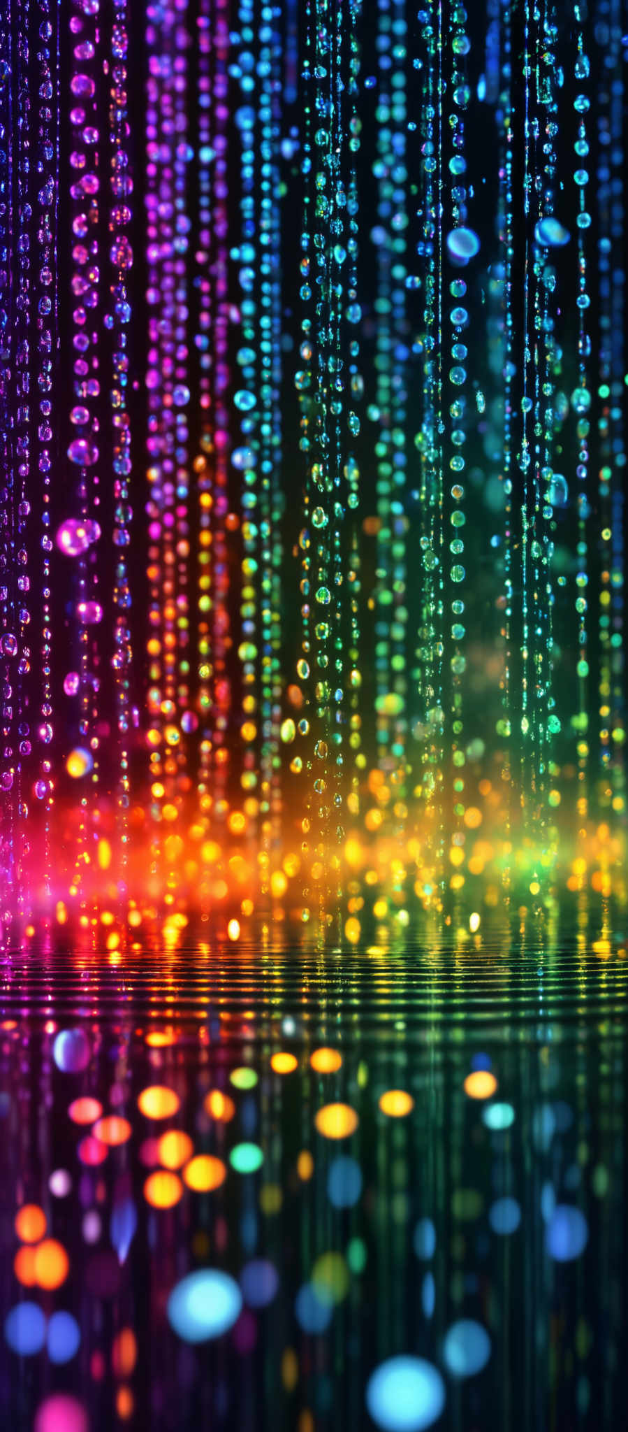 The image showcases a vibrant and colorful display of vertical lines, each adorned with a multitude of small, shimmering circles. These circles reflect light in various hues, creating a mesmerizing effect. The vertical lines vary in color, transitioning from deep purples and blues at the top to bright oranges, yellows, and greens towards the bottom. The entire scene is set against a dark background, making the luminous colors pop even more.