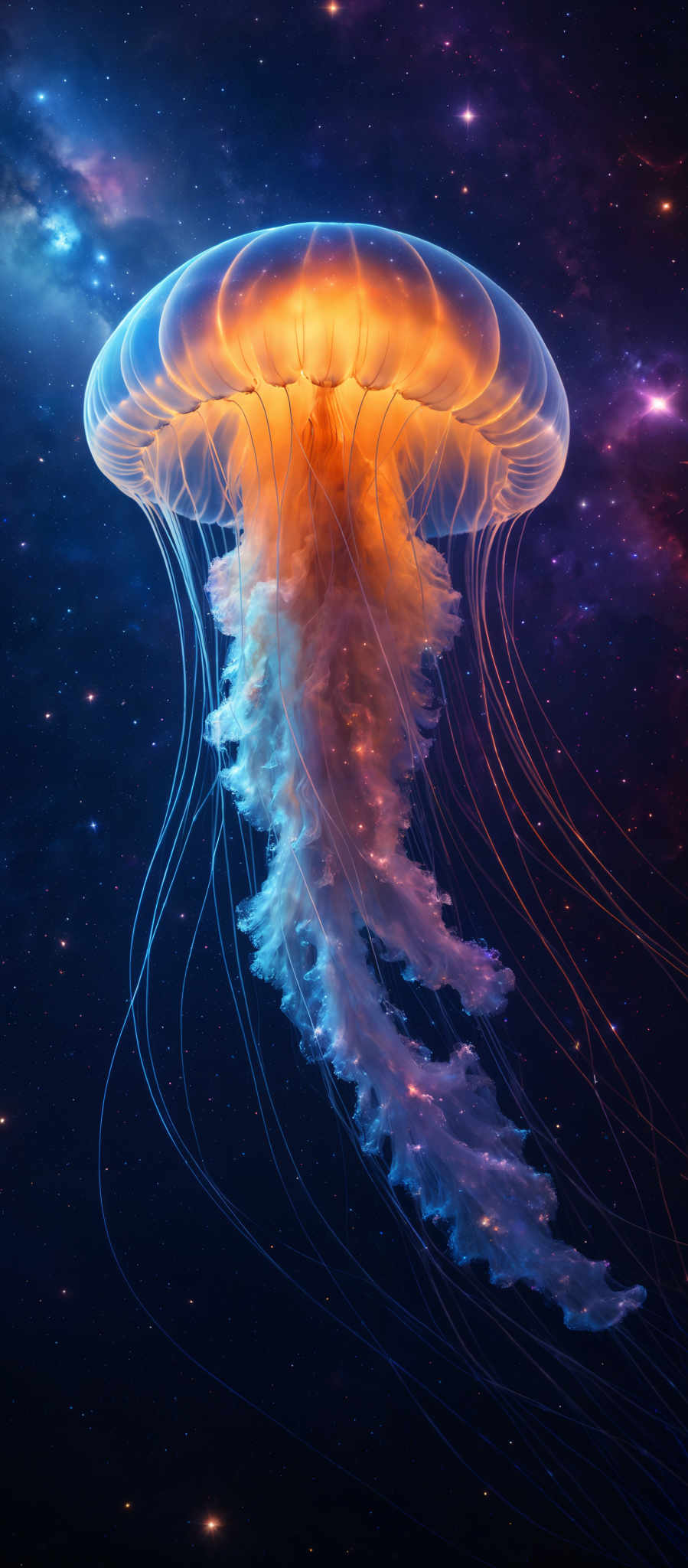 The image showcases a vibrant and mesmerizing depiction of a jellyfish floating against a cosmic backdrop. The jelly fish has an elongated, translucent body with a dome-shaped top. Its tentacles are delicate and long, trailing behind in a graceful manner. The body of the jellyfish emits a warm, golden glow, contrasting beautifully with the cooler hues of the surrounding space. The cosmic background is a deep blue, interspersed with bright stars and nebulae, creating an ethereal and otherworldly atmosphere.