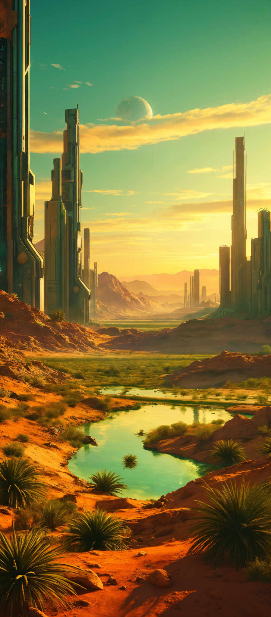 The image showcases a futuristic cityscape set against a backdrop of a desert landscape. Dominating the scene are tall, sleek skyscrapers with unique architectural designs, some of which have windows that reflect the surrounding environment. The color palette is a mix of warm oranges and yellows from the sunset, contrasted with the cool blues and grays of the buildings. In the foreground, there are patches of green vegetation, possibly cacti, and a serene body of water reflecting the skyscraper's silhouette. The sky is clear with a hint of a celestial body, possibly a moon or another planet, visible in the distance.