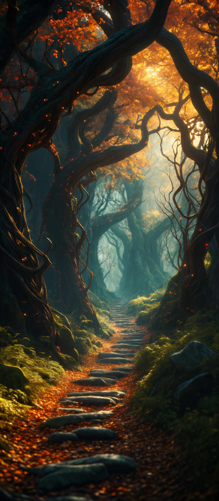 The image showcases a captivating forest scene during autumn. The dominant colors are shades of orange, red, and green. The trees have twisted and gnarled trunks, and their branches are adorned with vibrant orange and red leaves, some of which are falling. The ground is covered with a thick layer of fallen leaves, creating a carpeted pathway. The path is paved with cobblestones, leading the viewer's eye deeper into the forest. The sunlight filters through the canopy, casting a warm, golden hue over the entire scene.