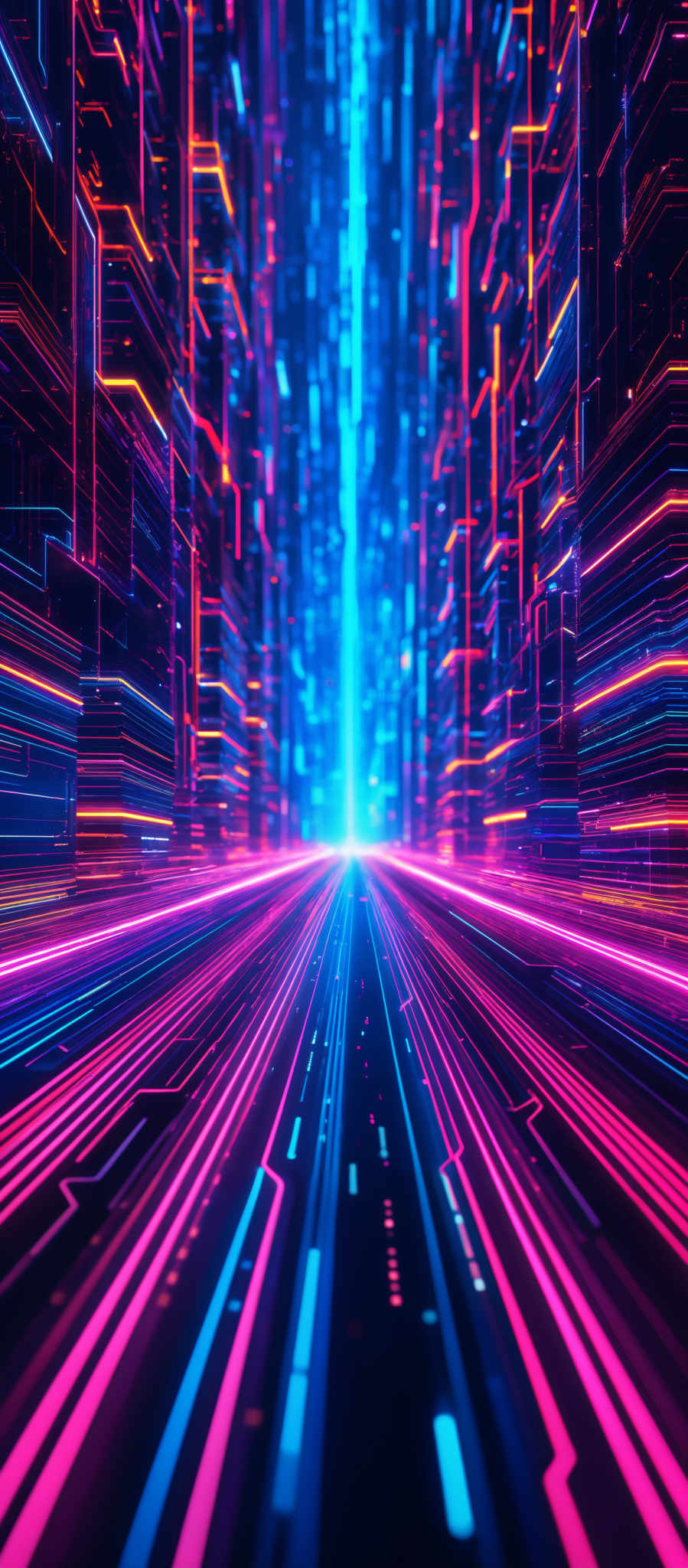 The image showcases a vibrant and futuristic digital landscape. It predominantly features hues of blue, pink, and orange. The shapes are geometric, resembling a combination of rectangles and lines, forming a pathway that seems to lead into a bright light at the center. The design gives an impression of a high-tech, cybernetic environment, possibly representing a digital matrix or a virtual reality space.