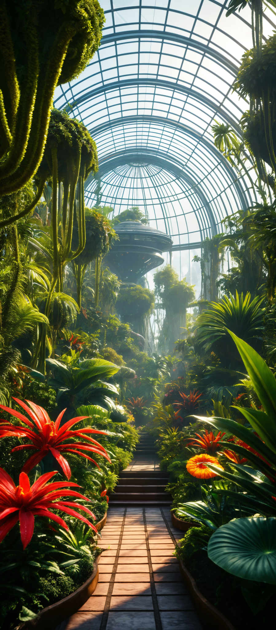 The image showcases a vibrant and lush greenhouse or botanical garden. The dominant colors are various shades of green, representing the abundant foliage. There are large, broad leaves and unique, elongated plants with a vivid green hue. The architecture of the greenhouse is a series of interconnected arches, forming a dome-like structure. The sunlight filters through the transparent ceiling, casting a soft glow on the plants below. The pathway is made of brick or stone tiles, leading through the garden. On the pathway, there are large red flowers with long petals, contrasting beautifully with the greenery.