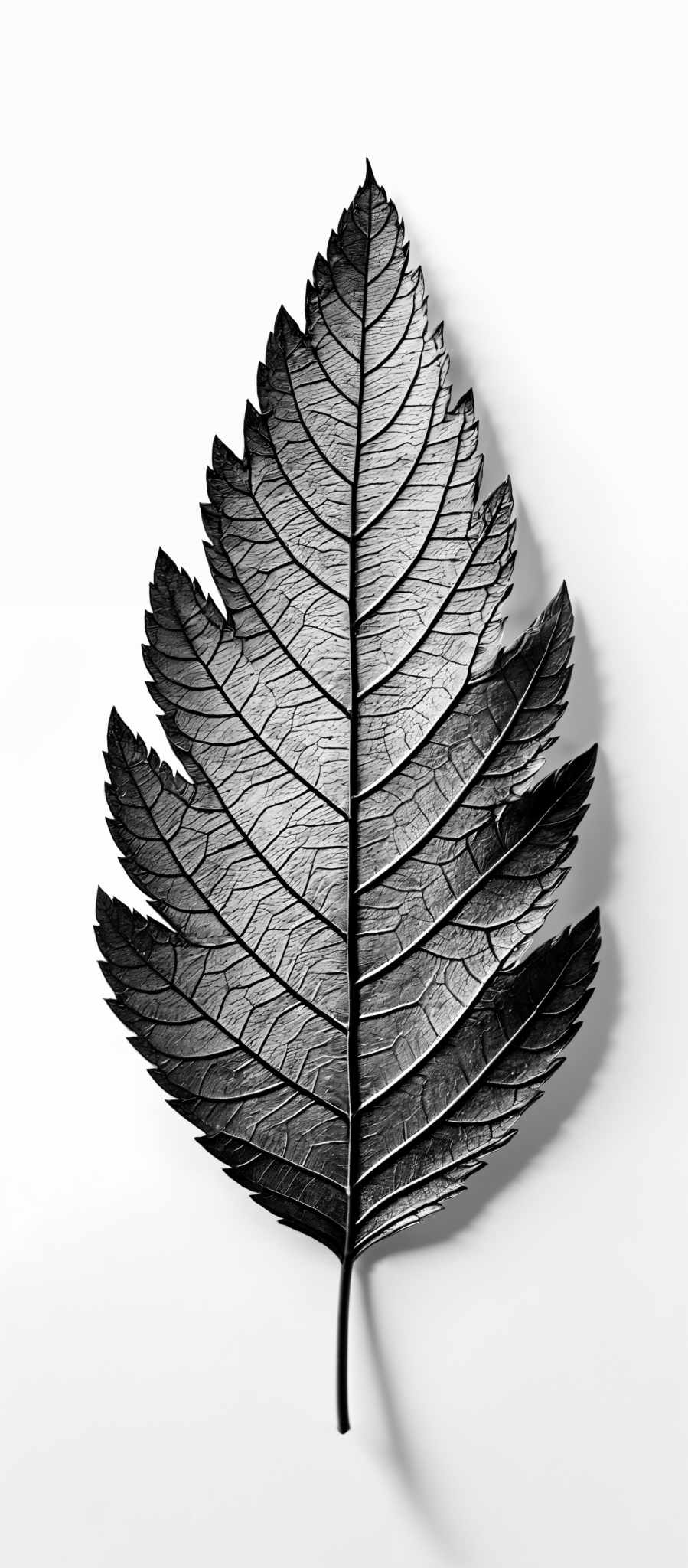 The image showcases a leaf with a distinctive shape resembling a spire or pyramid. The leaf is predominantly dark, possibly black or deep gray, with intricate vein patterns that are clearly visible. The veins form a network of lines that radiate from the central stem, creating a symmetrical and detailed pattern. The overall appearance is stark and contrasts sharply with the white background, emphasizing the leaf's texture and structure.