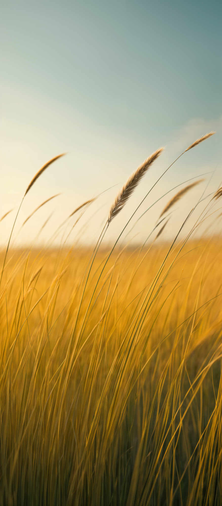 The image showcases a vast field of tall grasses, bathed in a warm golden hue, likely from the setting or rising sun. The grasses sway with the wind, creating a dynamic and textured appearance. The dominant color is a rich golden-yellow, which gradually fades into a lighter shade as it moves towards the horizon. The shape of the grasses is slender and elongated, with some of them having a feathery appearance, especially at the tips. The sky above is clear with a soft gradient of colors, transitioning from a light blue at the top to a warmer, golden hues near the horizon, suggesting either early morning or late afternoon.