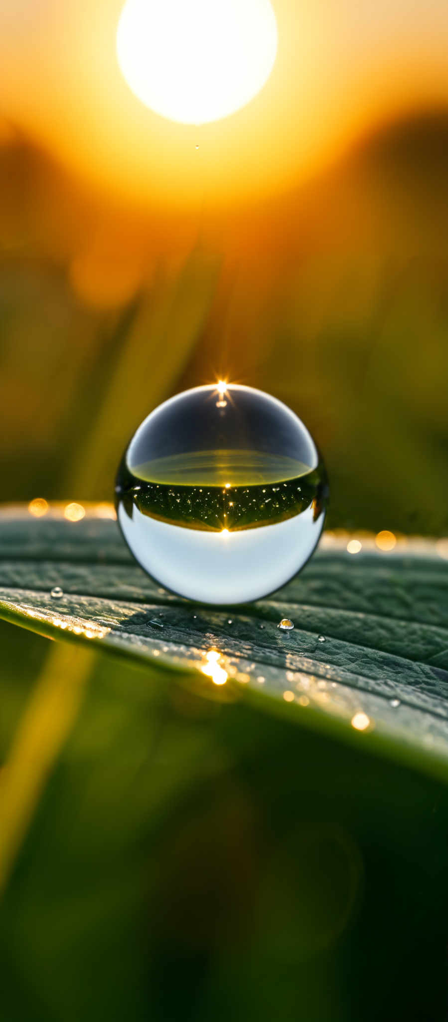 The image showcases a vibrant scene during sunset. The dominant colors are warm hues of orange, yellow, and green. The sun is captured in the upper part of the image, casting a golden glow. In the foreground, there's a dew-laden leaf, on which a water droplet is perfectly placed, acting like a lens. The droplets refract the sunlight, creating a miniature sunburst effect. The leaf itself is green, with tiny veins visible. The background is blurred, emphasizing the leaf and the dropletted sunlight.