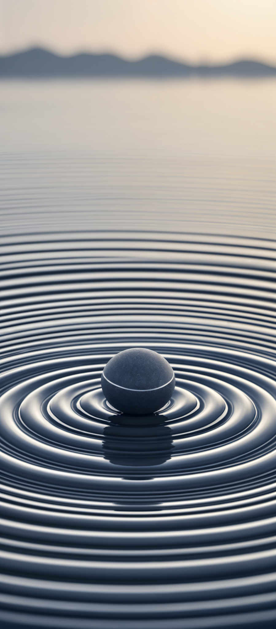 The image showcases a serene scene with a smooth, reflective surface, possibly water. Dominating the foreground is a stone or pebble, which is perfectly placed in the center of concentric ripples emanating from it. The ripple patterns are in shades of blue and white, creating a mesmerizing pattern on the water's surface. In the background, there's a faint silhouette of a distant landscape, possibly mountains or hills, under a soft, diffused light.