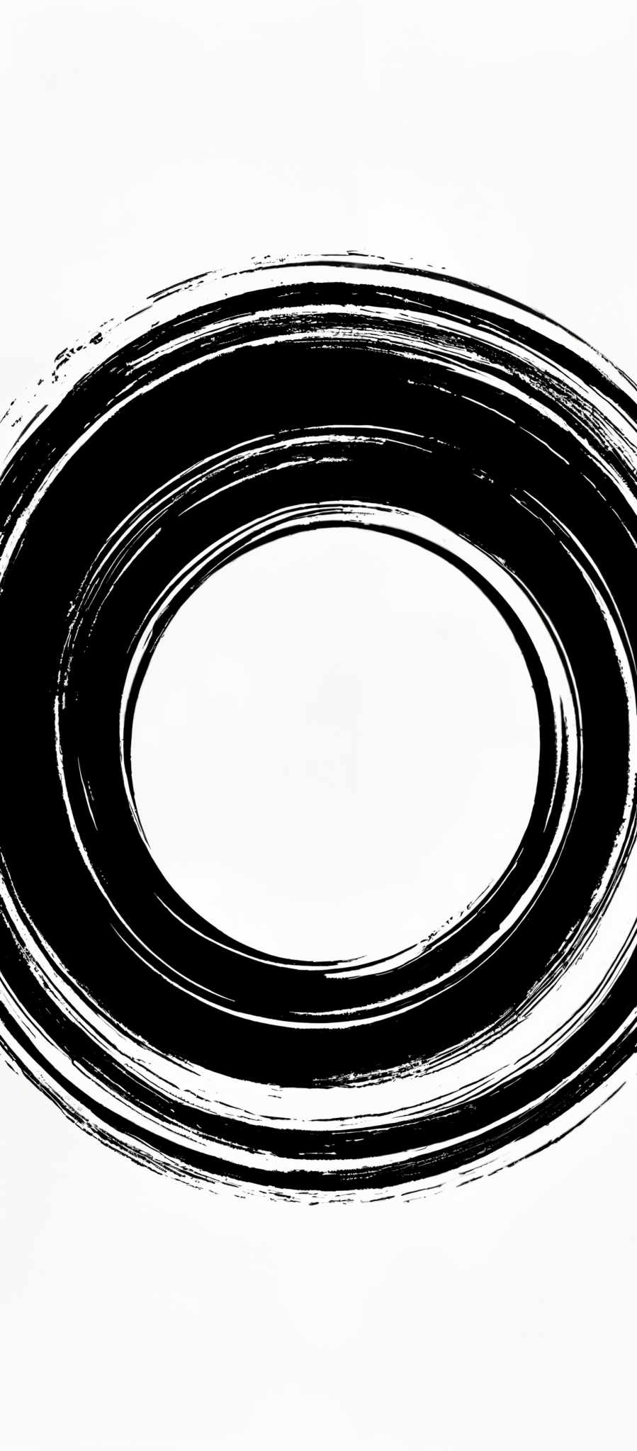 The image showcases a black and white artwork. It features concentric circles with varying degrees of thickness, creating an abstract and dynamic visual effect. The circles appear to be brush-stroked, giving them a textured and organic appearance. The interplay of light and shadow within the circles adds depth and dimension to the piece.