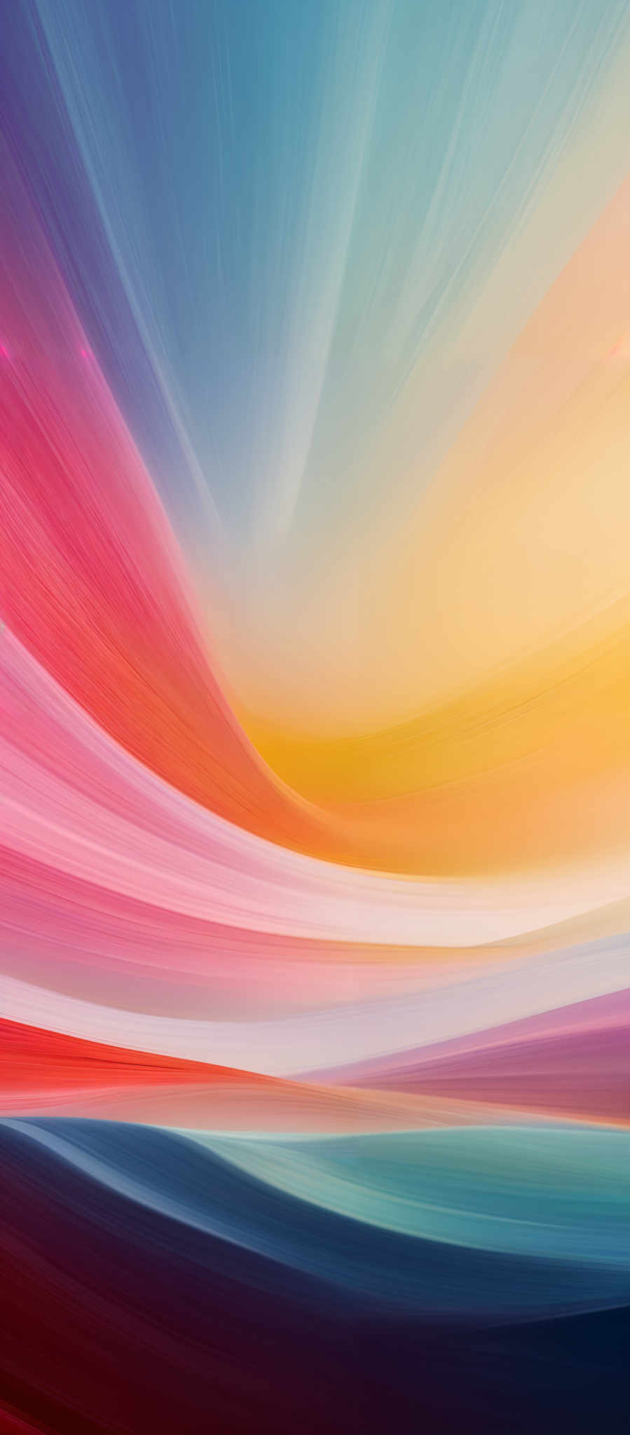 The image showcases a vibrant and dynamic abstract representation. It features a myriad of colors, including shades of blue, pink, yellow, and orange. The colors seem to flow and blend seamlessly, creating a wave-like or fluid effect. The shape is predominantly curved, with the colors radiating outwards, giving an impression of motion or energy. The overall feel of the image is one of fluidity, movement, and perhaps even a representation of the passage of time or the interplay of different emotions.