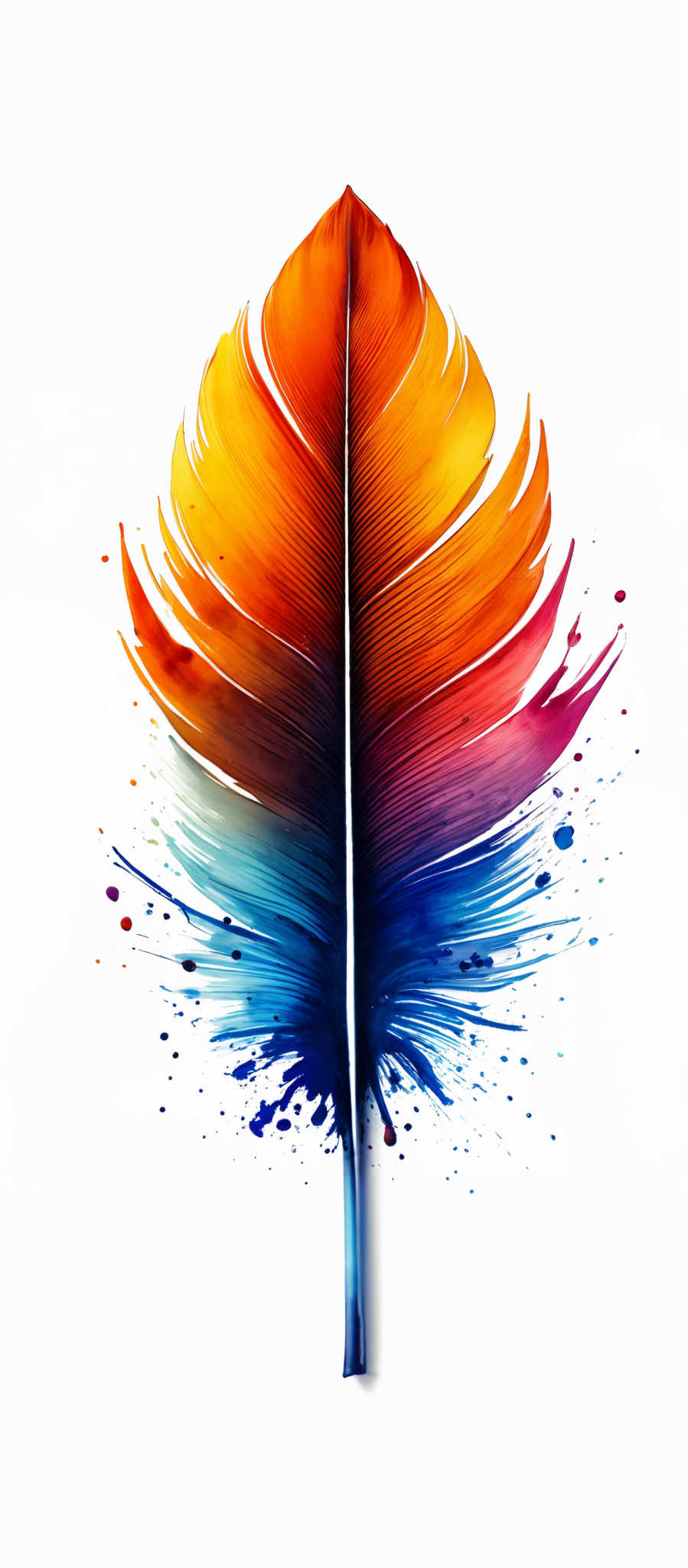 The image showcases a vibrant and colorful feather-like structure. The feather starts with a bright orange hue at the top and gradually transitions into a deep blue at the bottom. The middle section of the feather is painted in a gradient of reds and purples. Splatters of various colors, including blue, red, and yellow, are seen around the feathers, giving it an artistic and dynamic appearance.